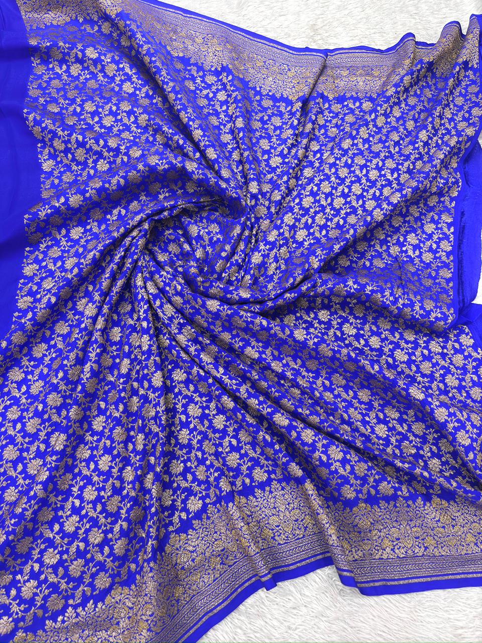 Royal Blue Crepe Georgette Handloom Saree with Rich Gold Zari Weaving