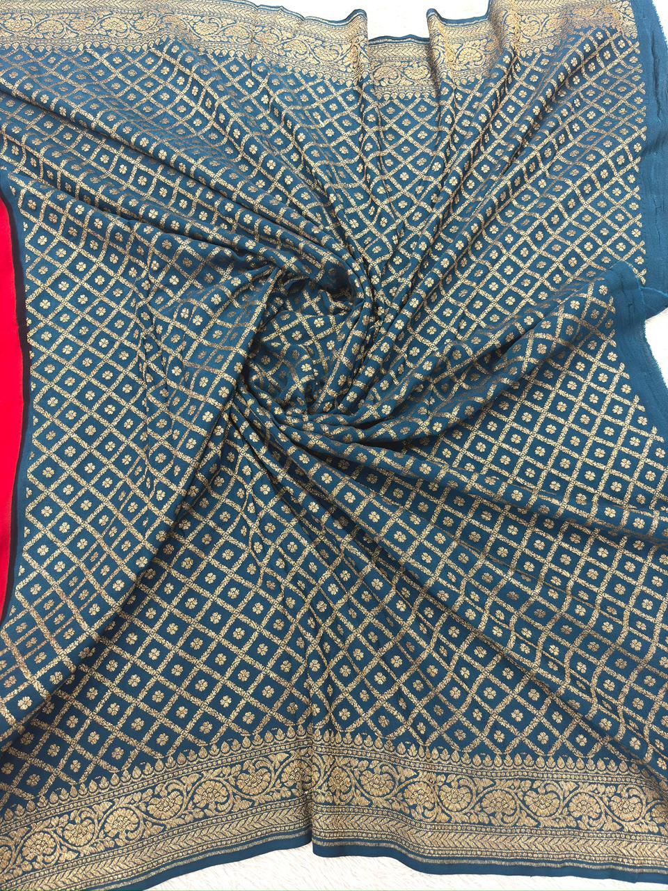 Rani Pink & Teal Blue Crepe Georgette Handloom Saree with Rich Gold Zari Weaving