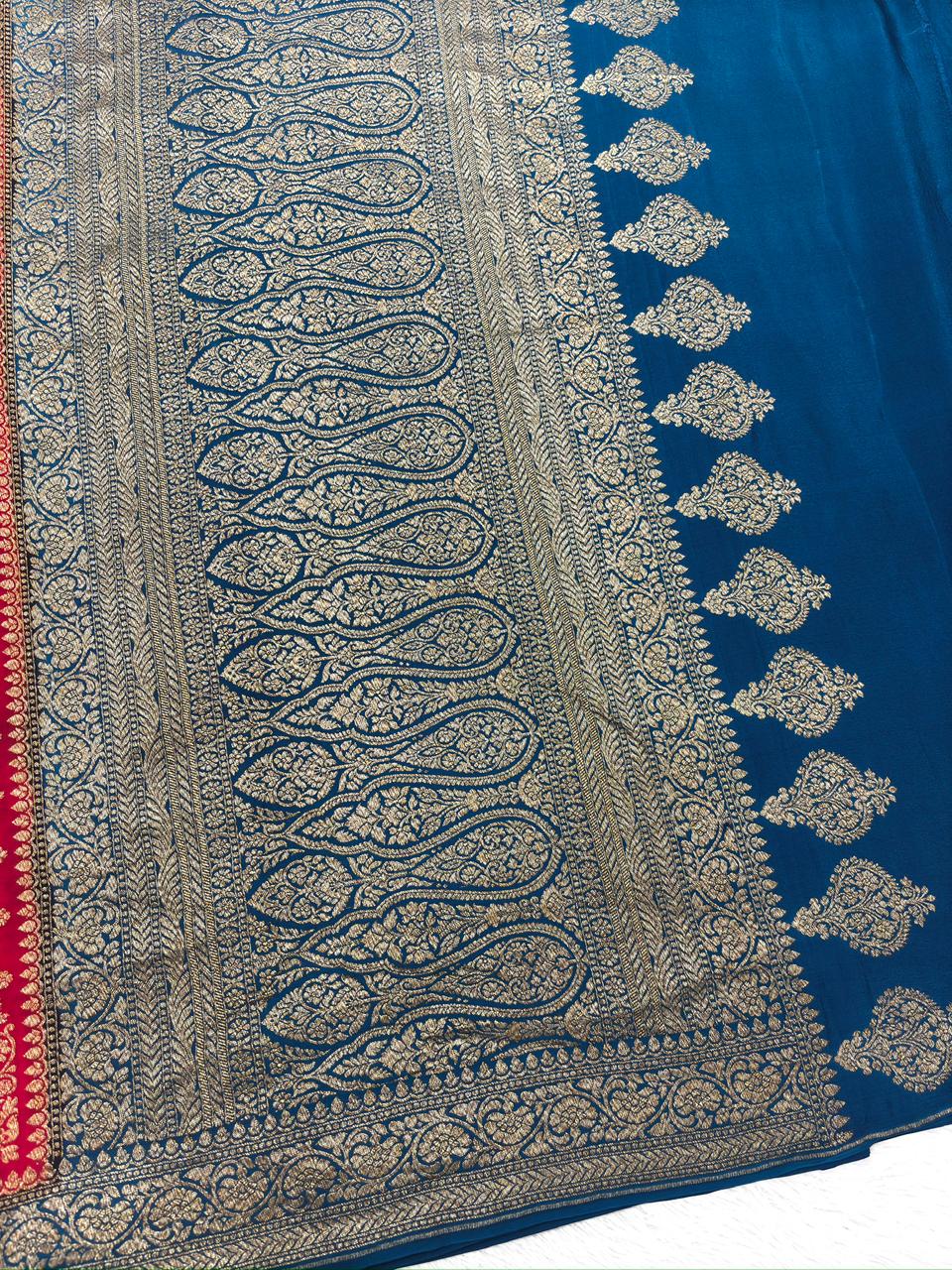 Rani Pink & Teal Blue Crepe Georgette Handloom Saree with Rich Gold Zari Weaving
