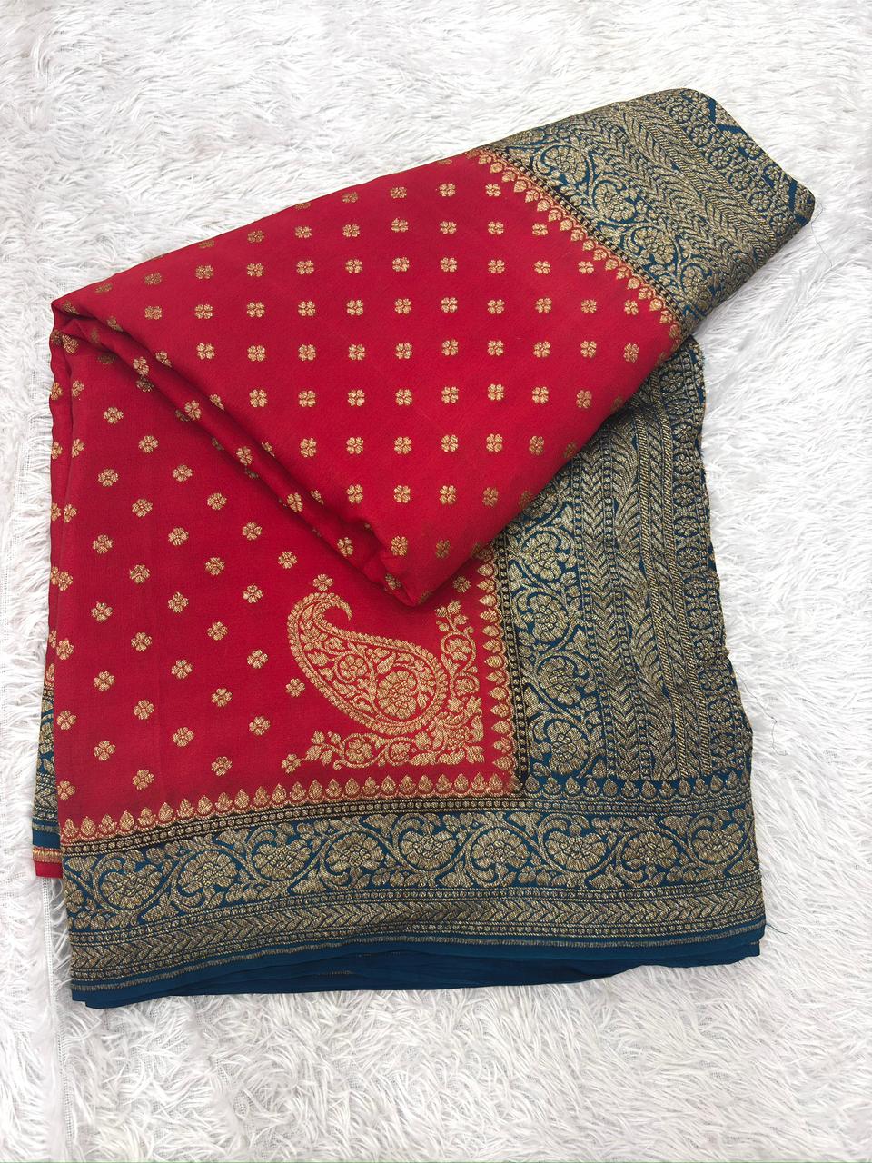 Rani Pink & Teal Blue Crepe Georgette Handloom Saree with Rich Gold Zari Weaving