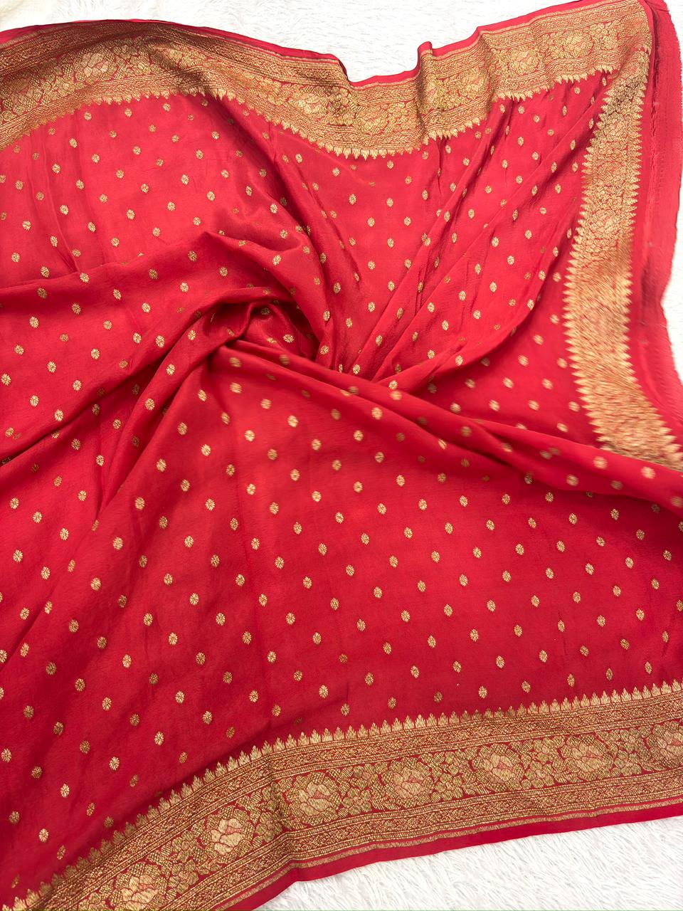 Rani Pink & Wine Purple Crepe Georgette Handloom Saree with Rich Gold Zari Weaving