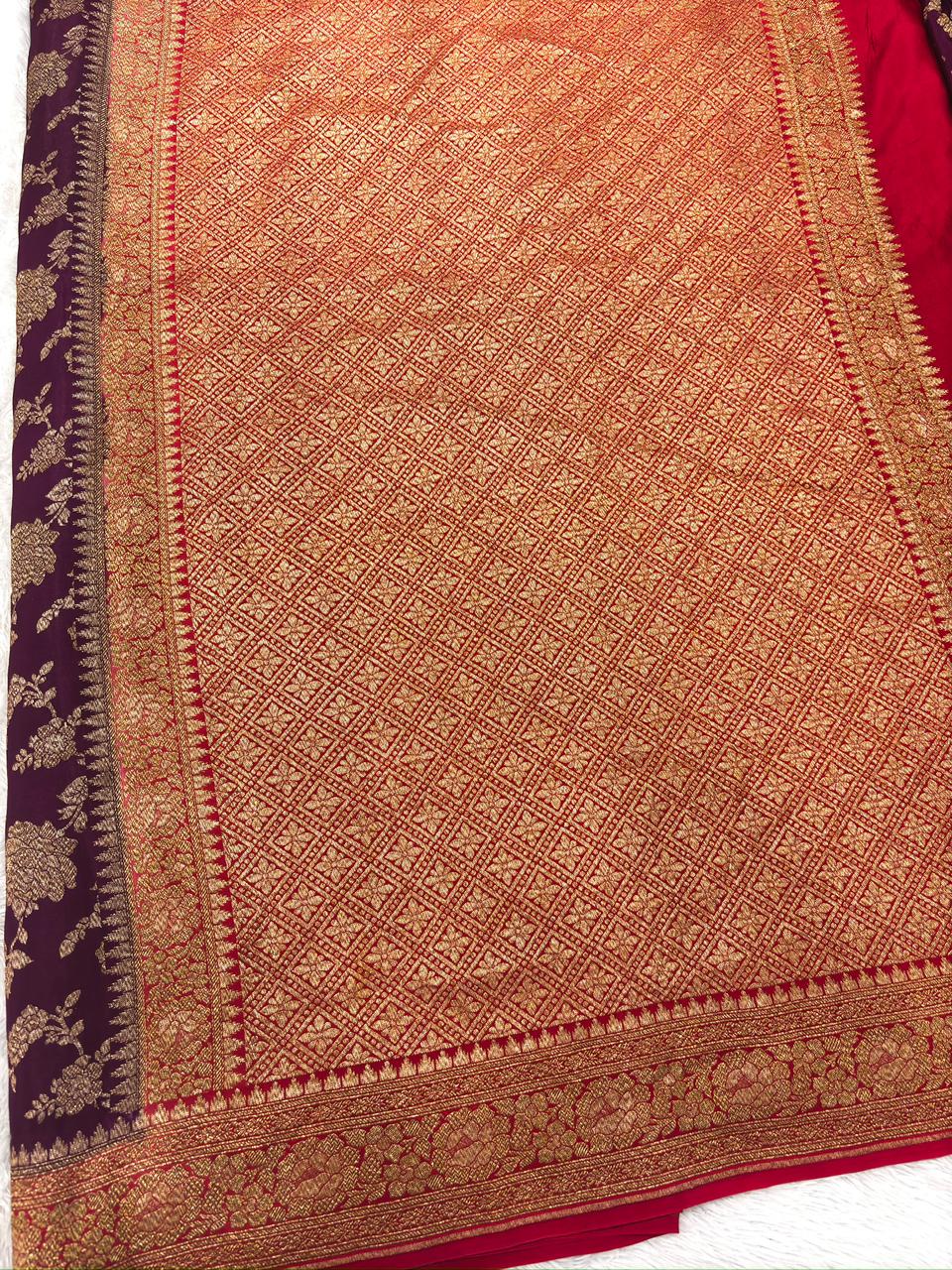 Rani Pink & Wine Purple Crepe Georgette Handloom Saree with Rich Gold Zari Weaving