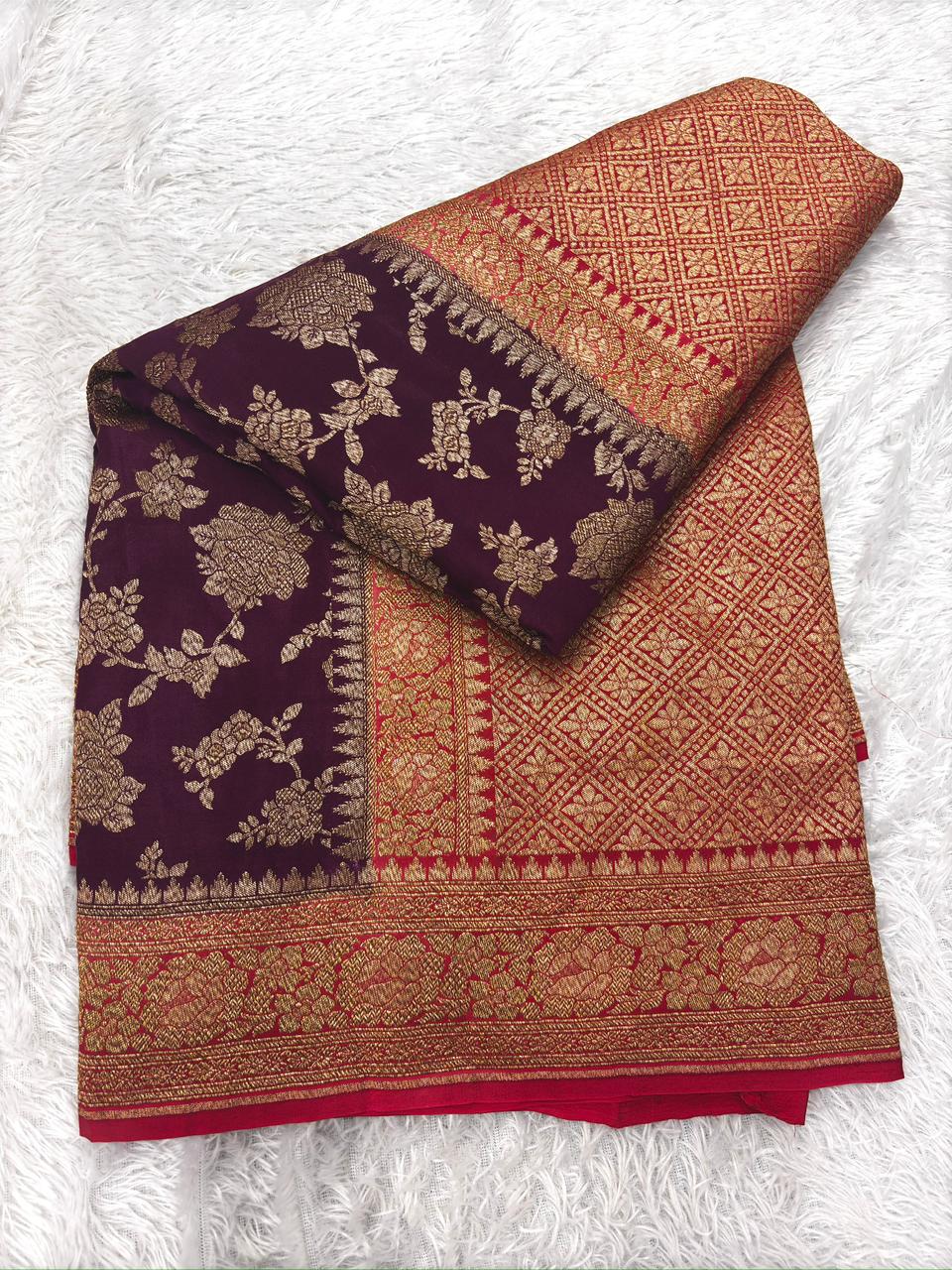 Rani Pink & Wine Purple Crepe Georgette Handloom Saree with Rich Gold Zari Weaving