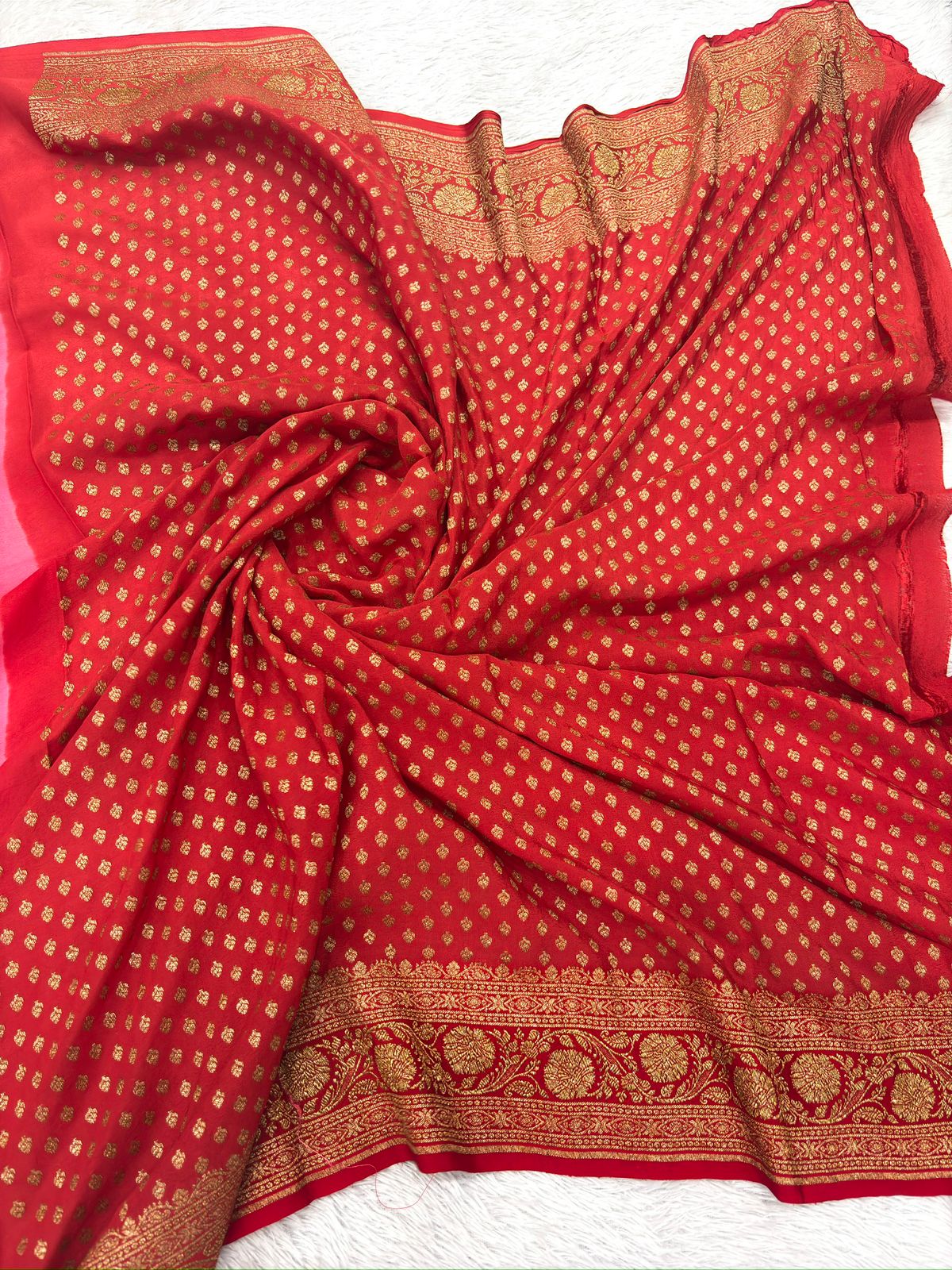 Rani Pink Pure Crepe Georgette Handloom Saree with Rich Gold Zari Weaving