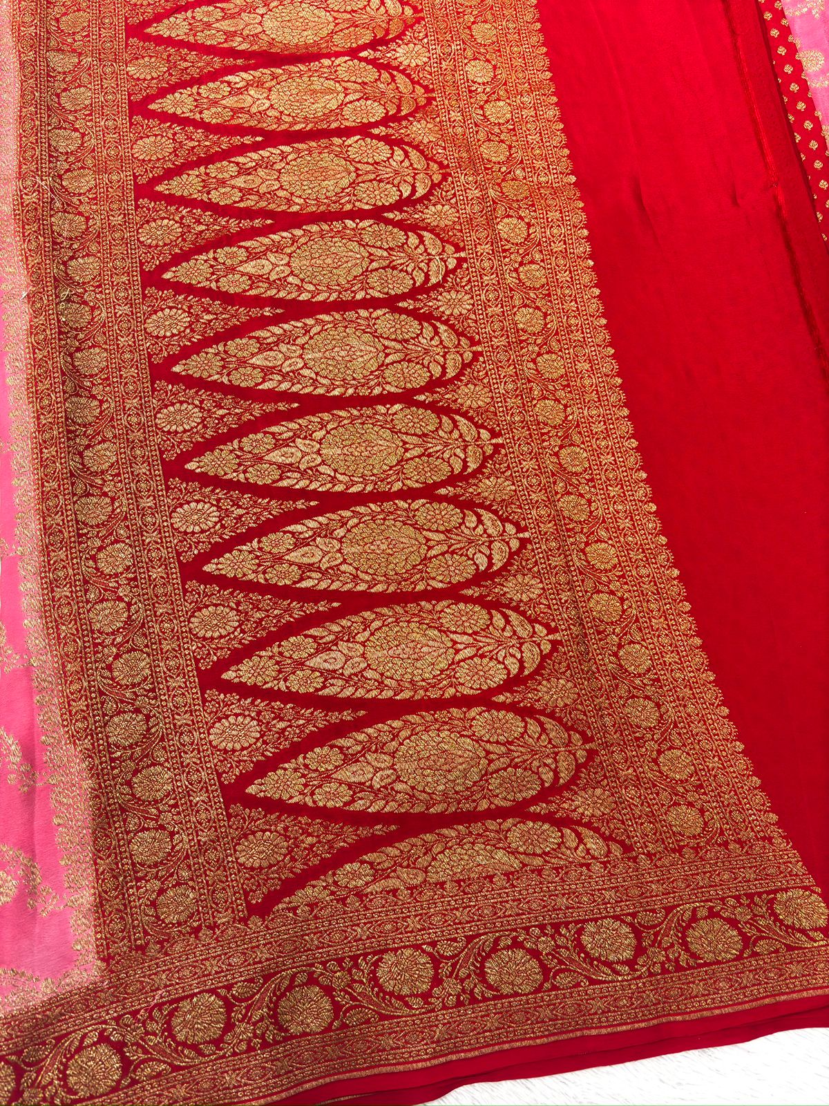 Rani Pink Pure Crepe Georgette Handloom Saree with Rich Gold Zari Weaving
