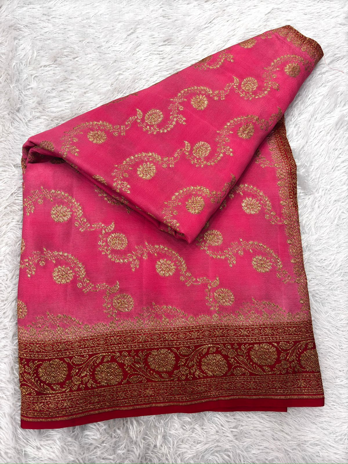 Rani Pink Pure Crepe Georgette Handloom Saree with Rich Gold Zari Weaving