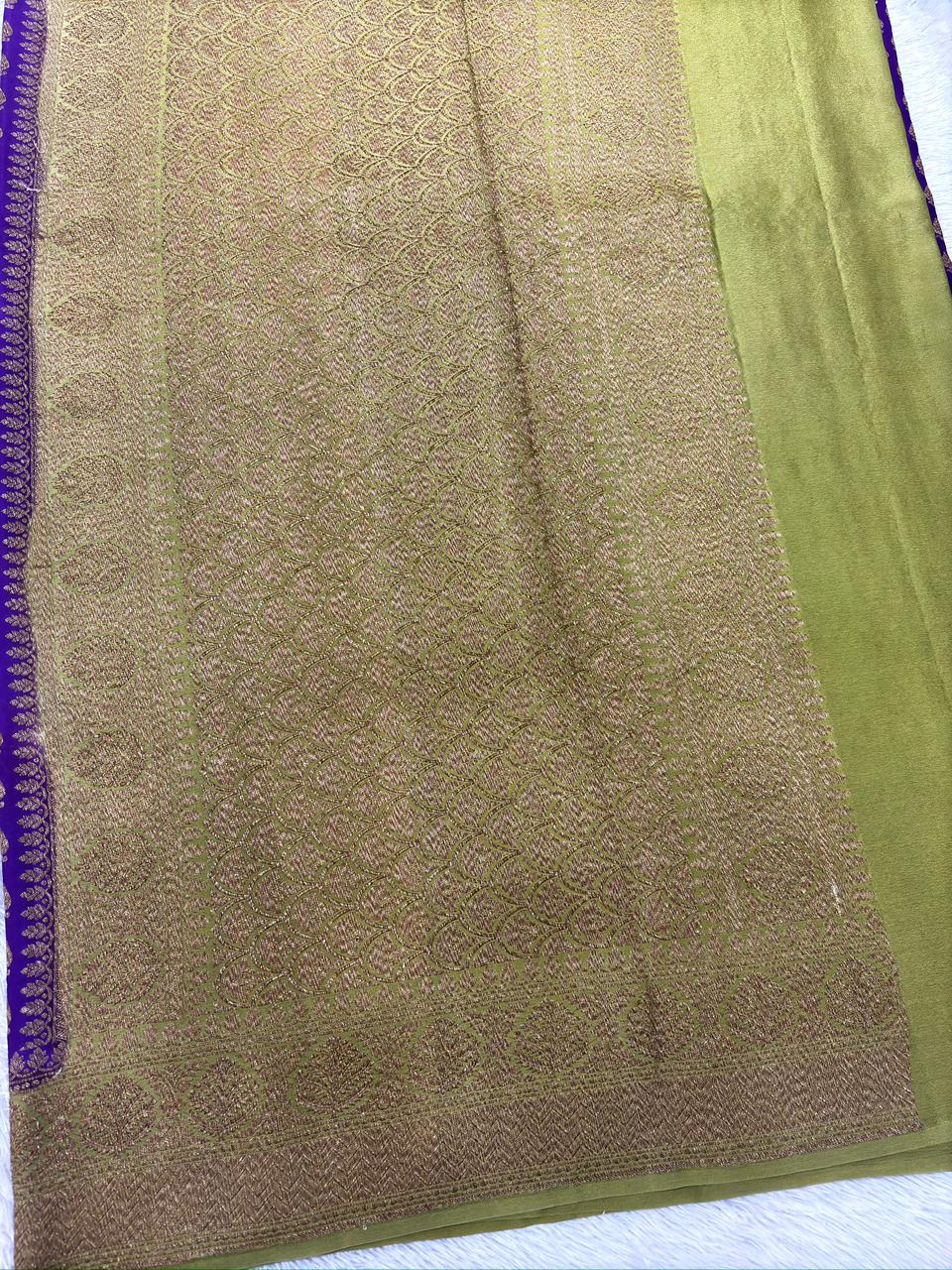 Royal Purple Pure Crepe Georgette Handloom Saree with Antique Gold Zari Weaving