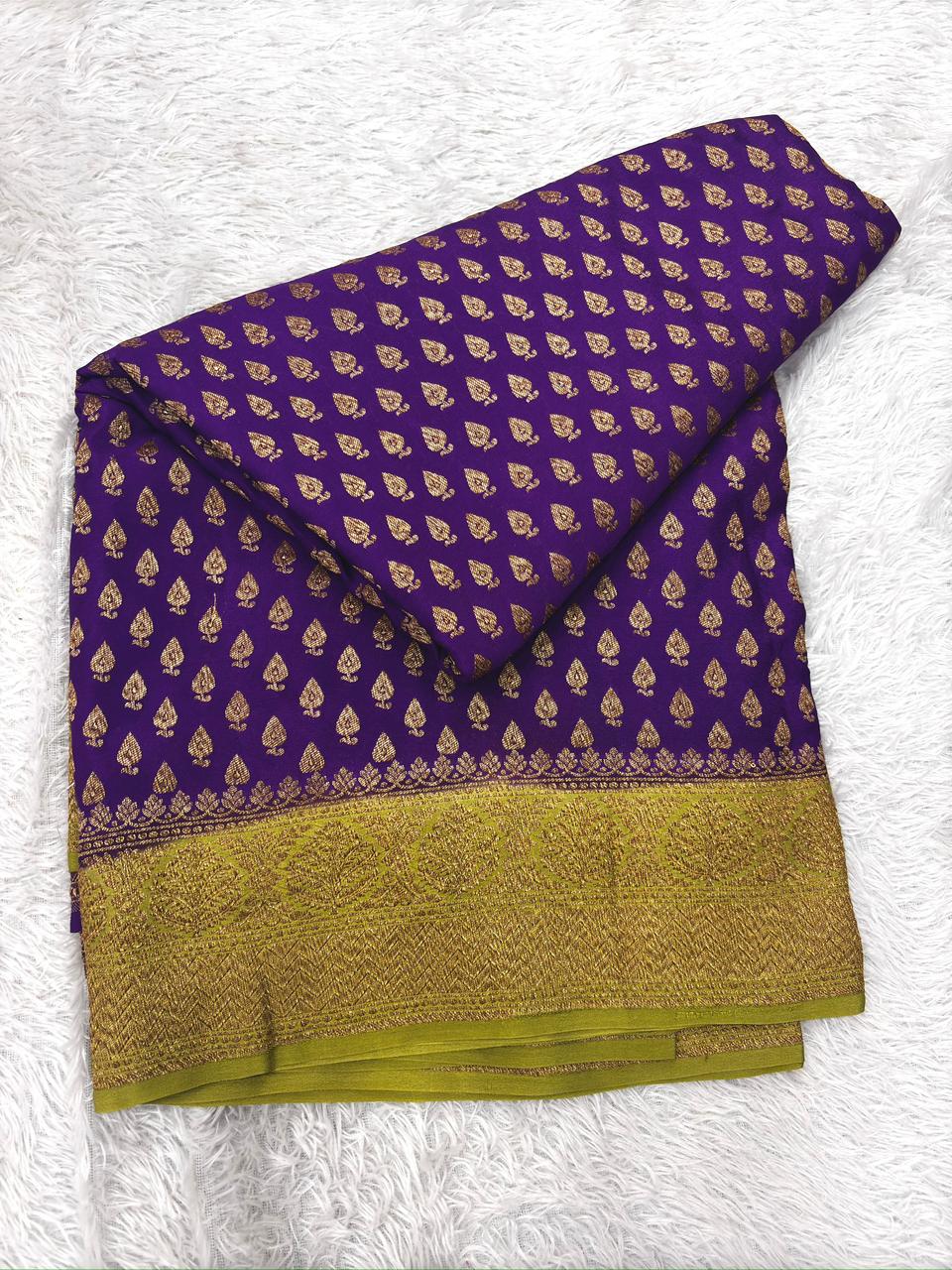 Royal Purple Pure Crepe Georgette Handloom Saree with Antique Gold Zari Weaving