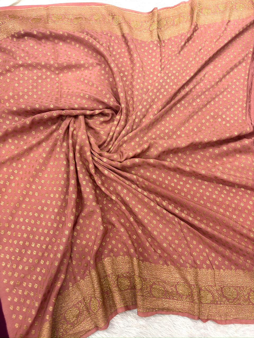 Wine & Blush Pink Pure Crepe Georgette Banarasi Saree with Gold Zari Weaving