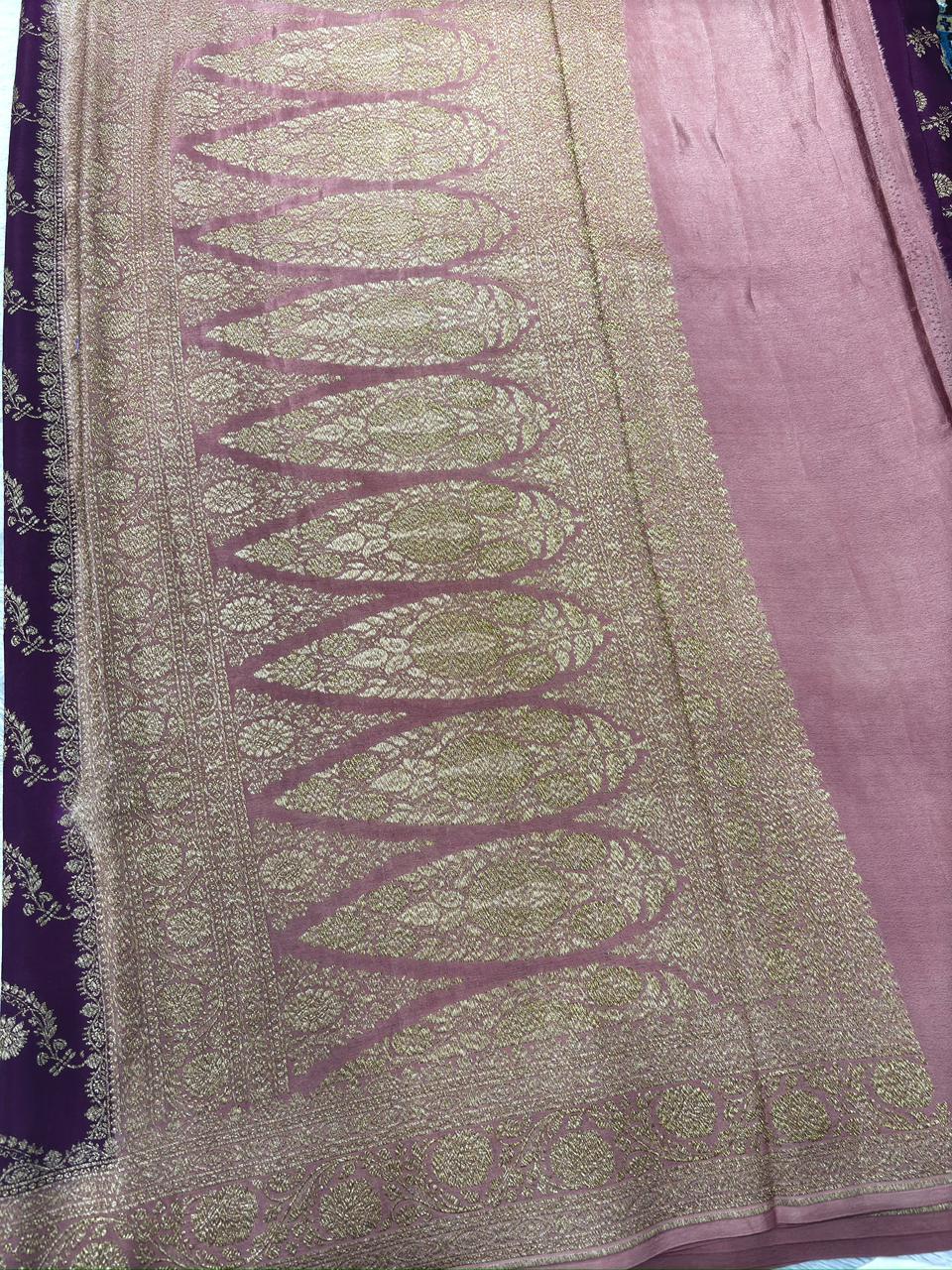 Wine & Blush Pink Pure Crepe Georgette Banarasi Saree with Gold Zari Weaving
