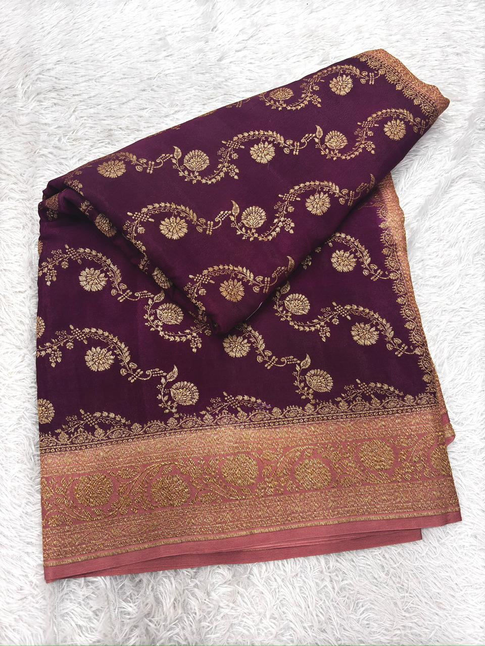 Wine & Blush Pink Pure Crepe Georgette Banarasi Saree with Gold Zari Weaving