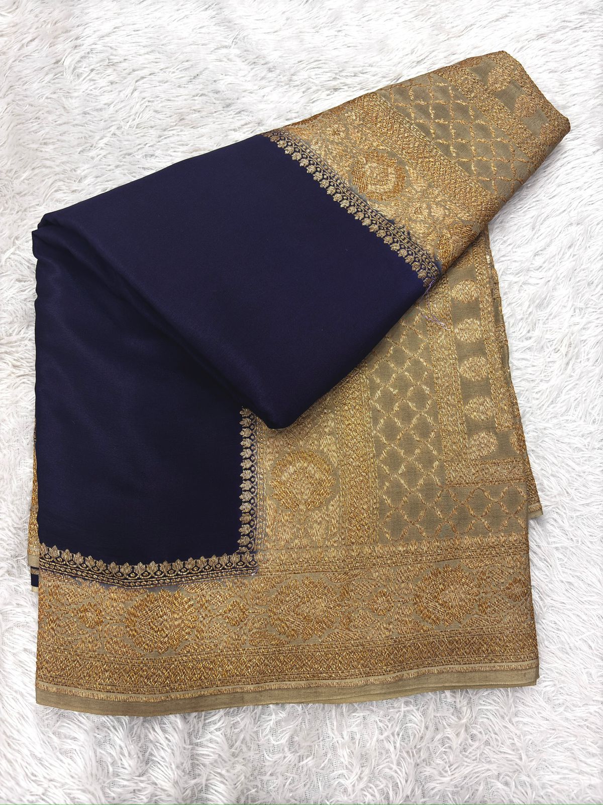 Midnight Blue & Antique Gold Pure Banarasi Silk Saree with Rich Zari Pallu