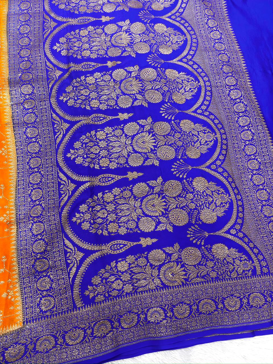 Royal Orange & Electric Blue Pure Banarasi Silk Saree with Rich Zari Pallu