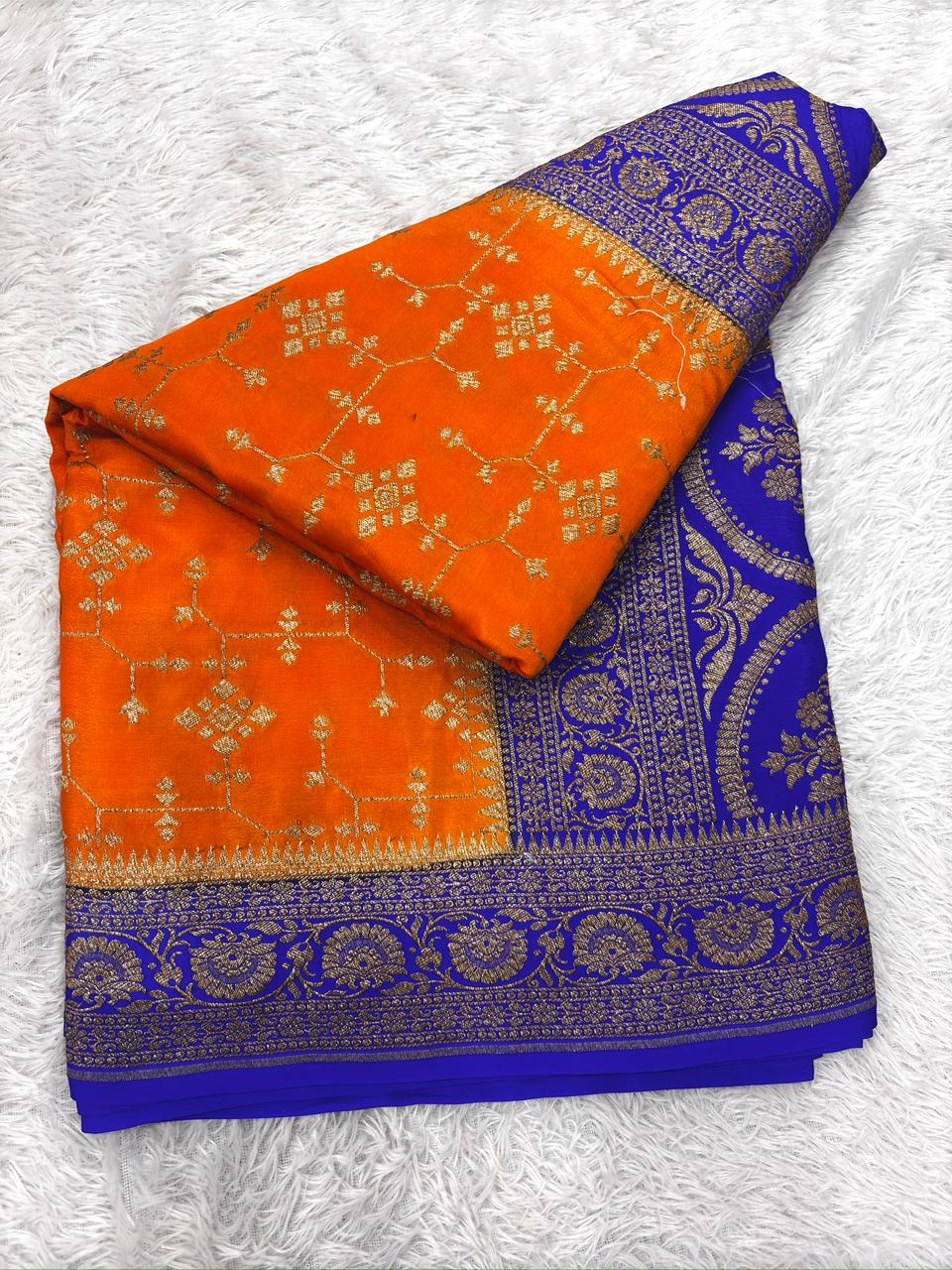 Royal Orange & Electric Blue Pure Banarasi Silk Saree with Rich Zari Pallu