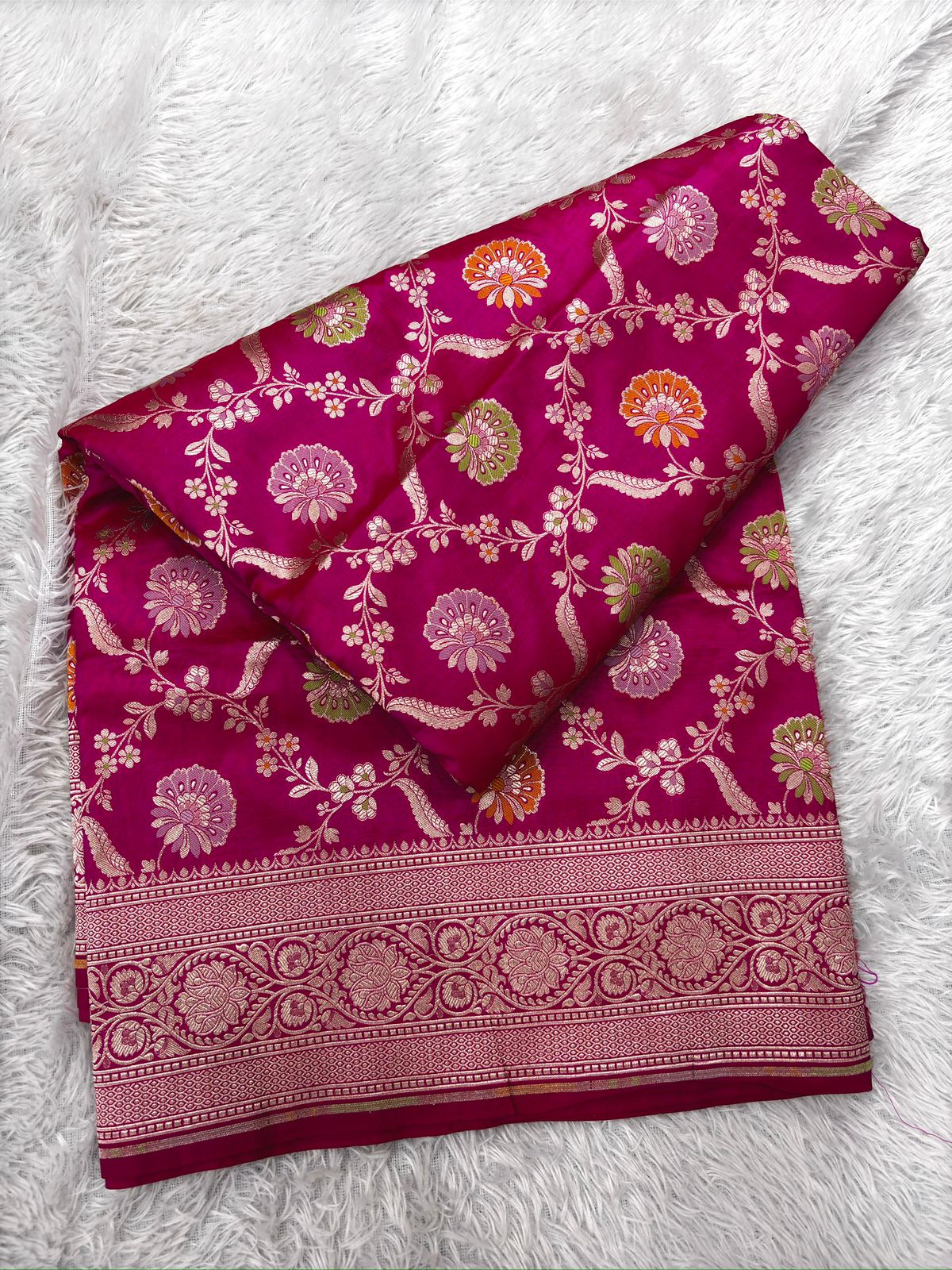 Rani Pink Katan Silk Meenakari Cutwork Handloom Saree