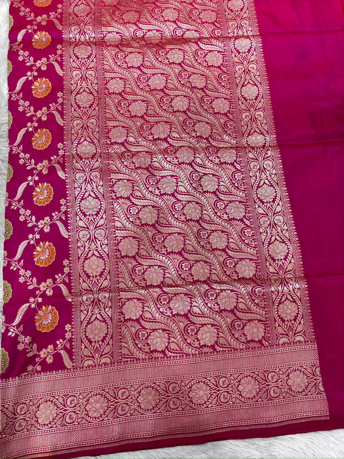 Rani Pink Katan Silk Meenakari Cutwork Handloom Saree