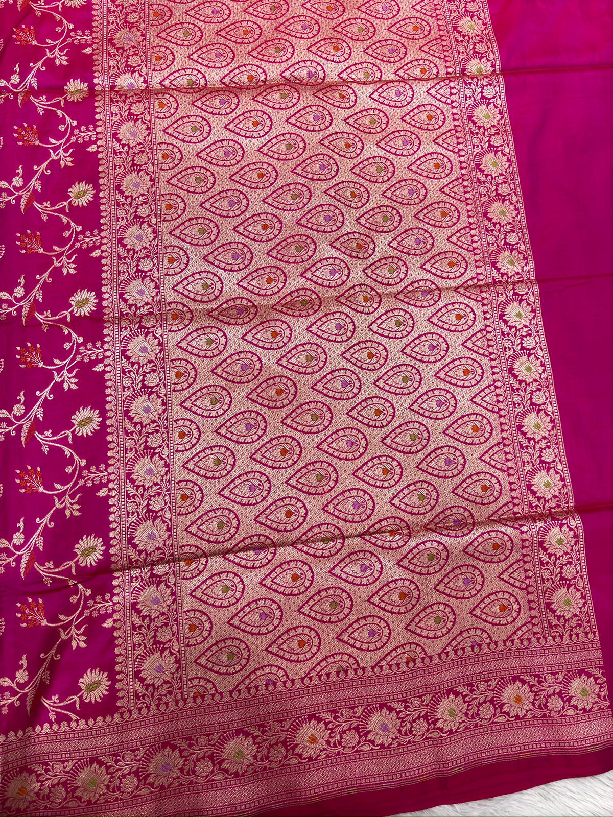 Rani Pink Katan Silk Meenakari Cutwork Handloom Saree