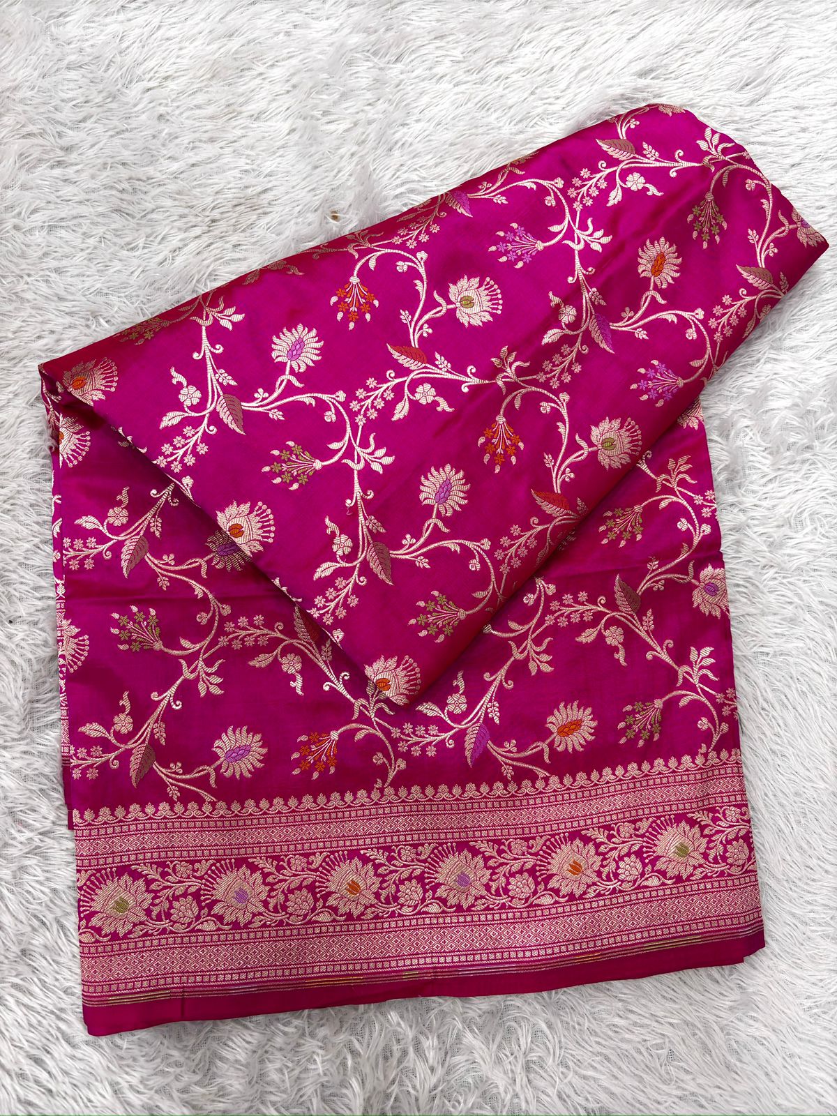 Rani Pink Katan Silk Meenakari Cutwork Handloom Saree
