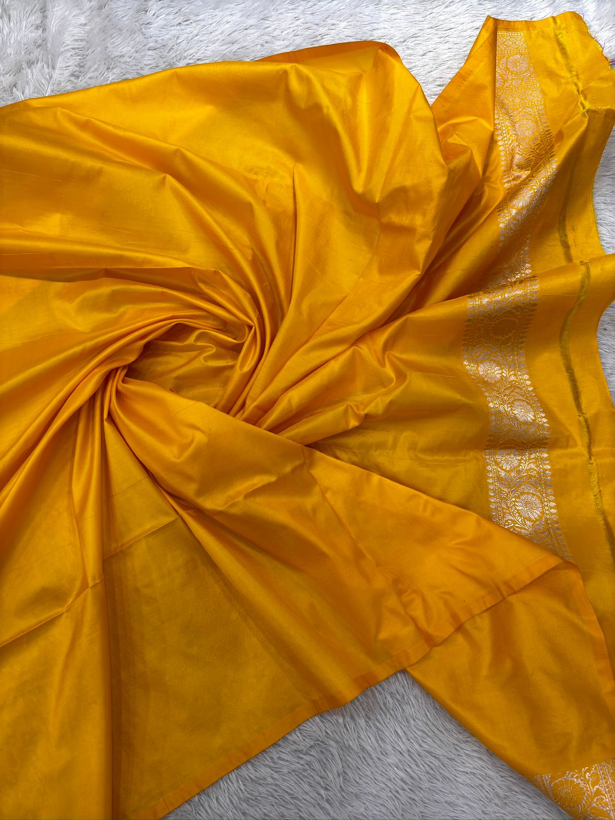 Mustard Yellow Katan Silk Meenakari Cutwork Handloom Saree