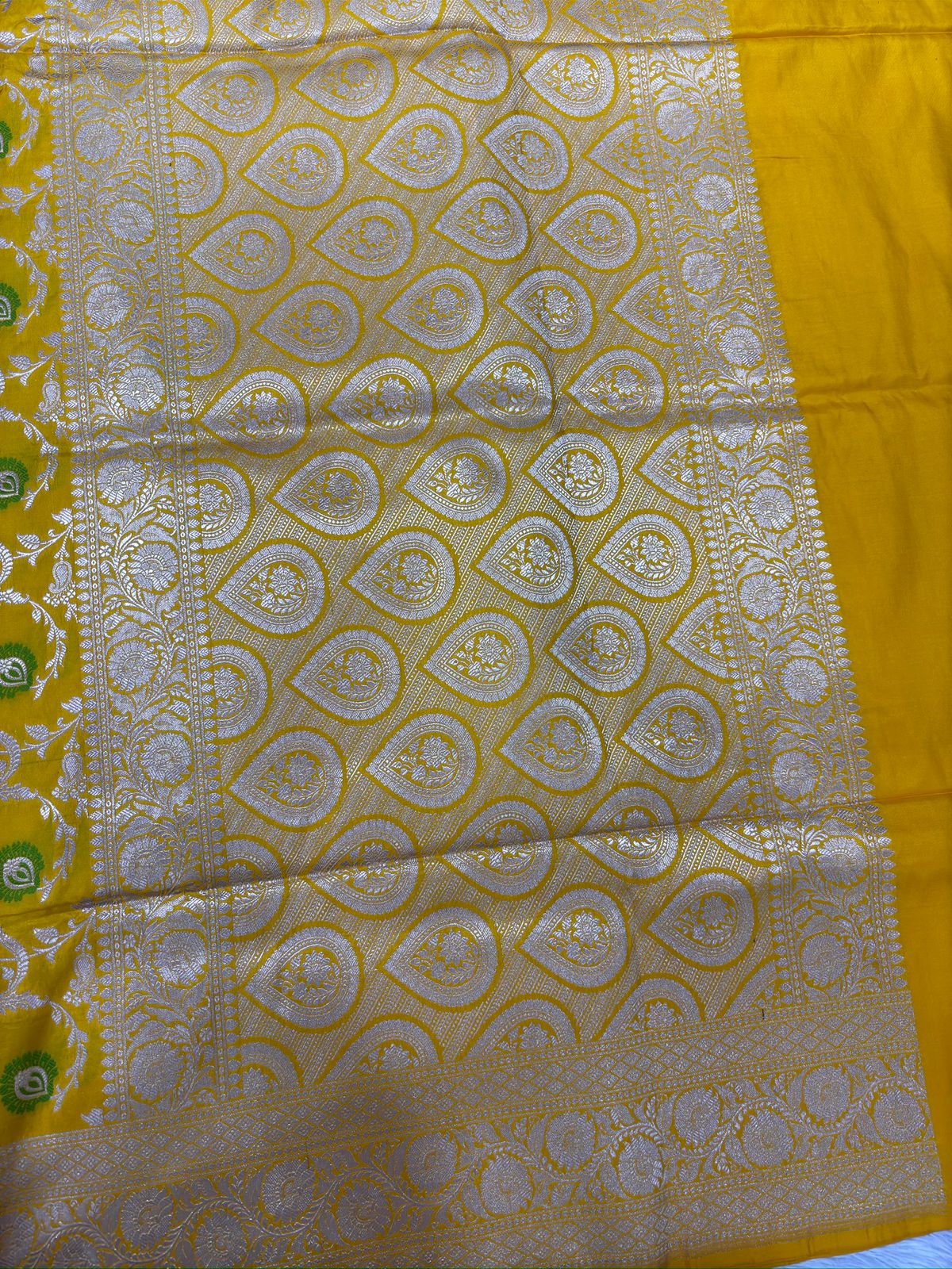 Mustard Yellow Katan Silk Meenakari Cutwork Handloom Saree