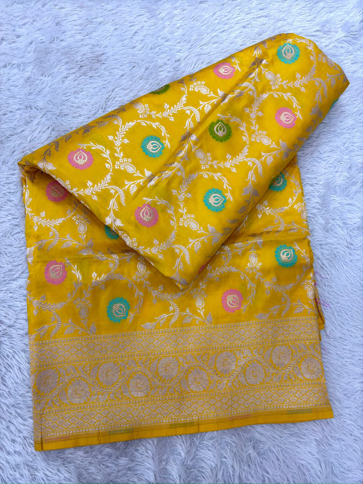 Mustard Yellow Katan Silk Meenakari Cutwork Handloom Saree