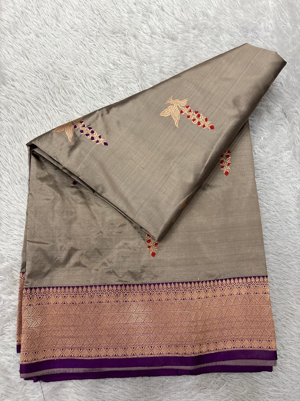 Warm Taupe Bronze & Royal Deep Violet Handloom Banarasi Katan Silk Saree | Rose Gold Zari Kadhua Floral Bunch Booti