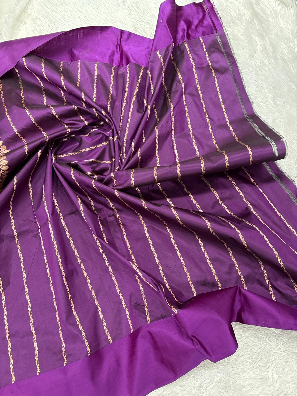 Warm Taupe Bronze & Royal Deep Violet Handloom Banarasi Katan Silk Saree | Rose Gold Zari Kadhua Floral Bunch Booti