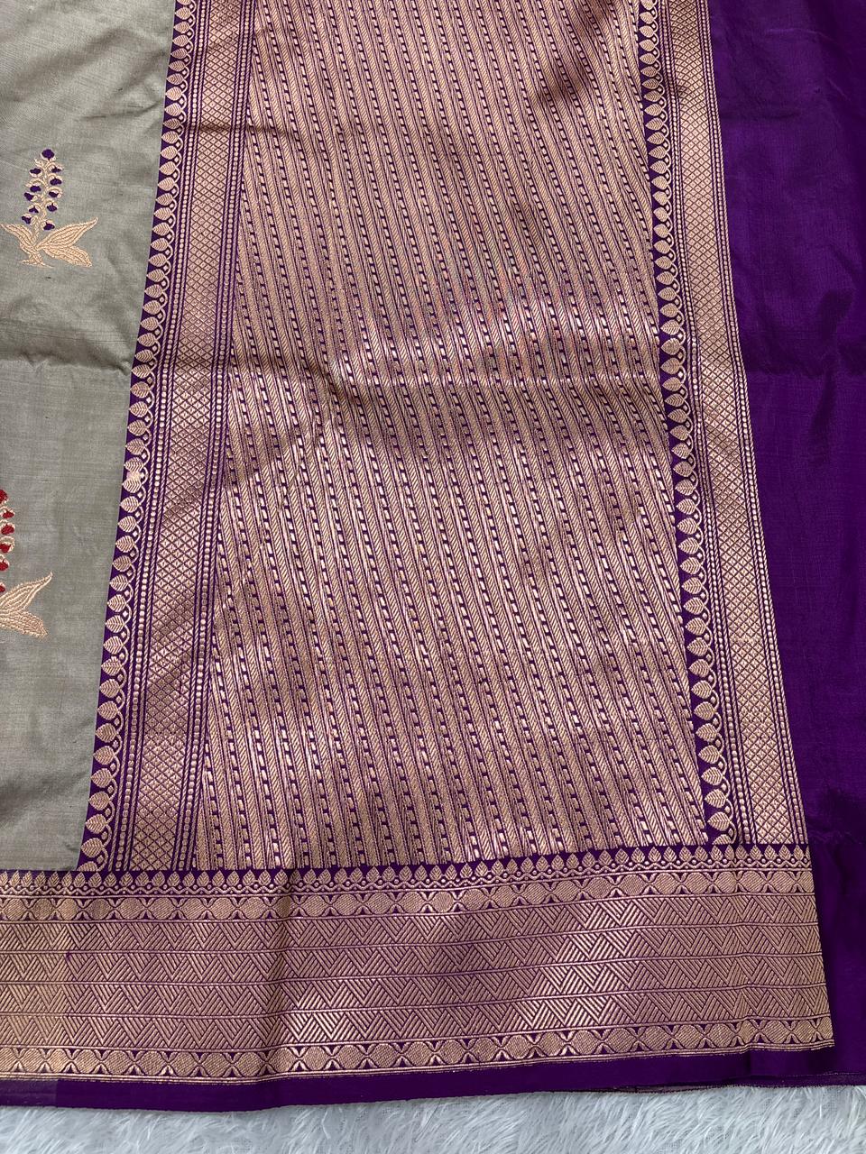 Warm Taupe Bronze & Royal Deep Violet Handloom Banarasi Katan Silk Saree | Rose Gold Zari Kadhua Floral Bunch Booti