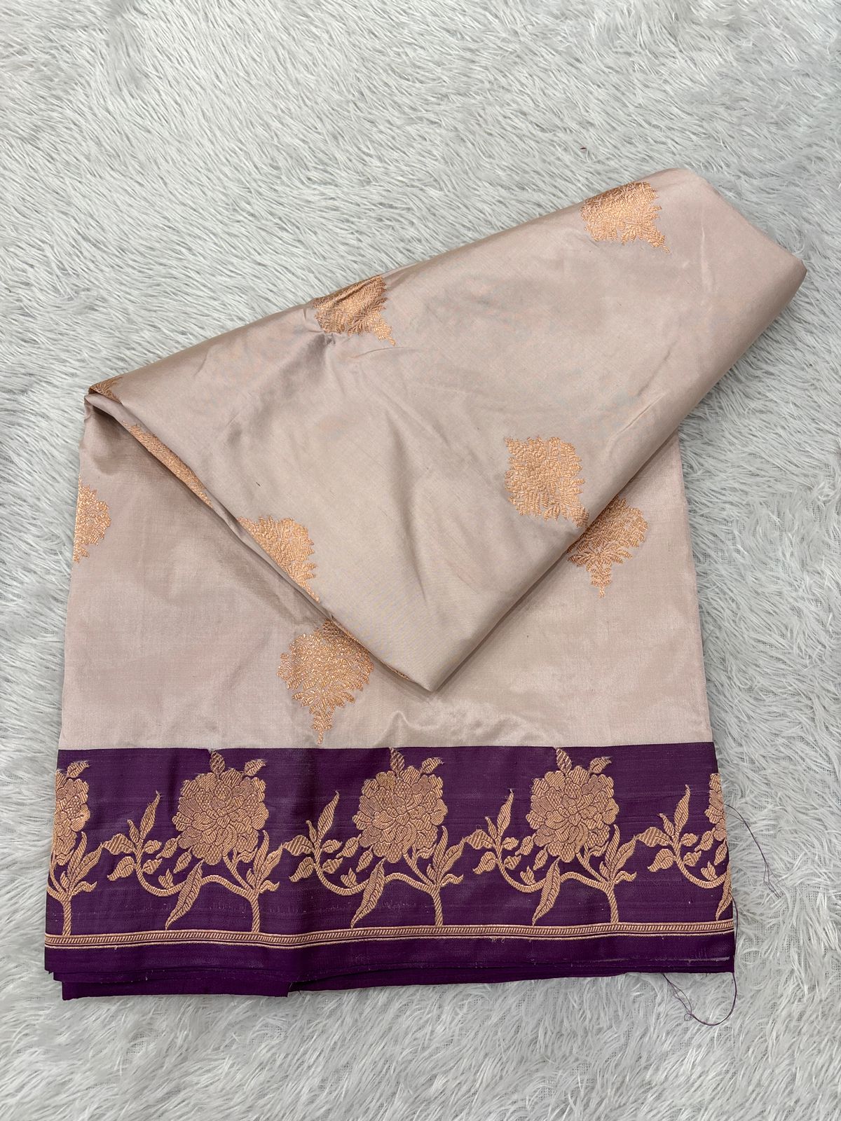 Rose Quartz Blush Pink & Royal Violet Handloom Banarasi Katan Silk Saree | Antique Rose Gold Zari Kadhua Floral Boota