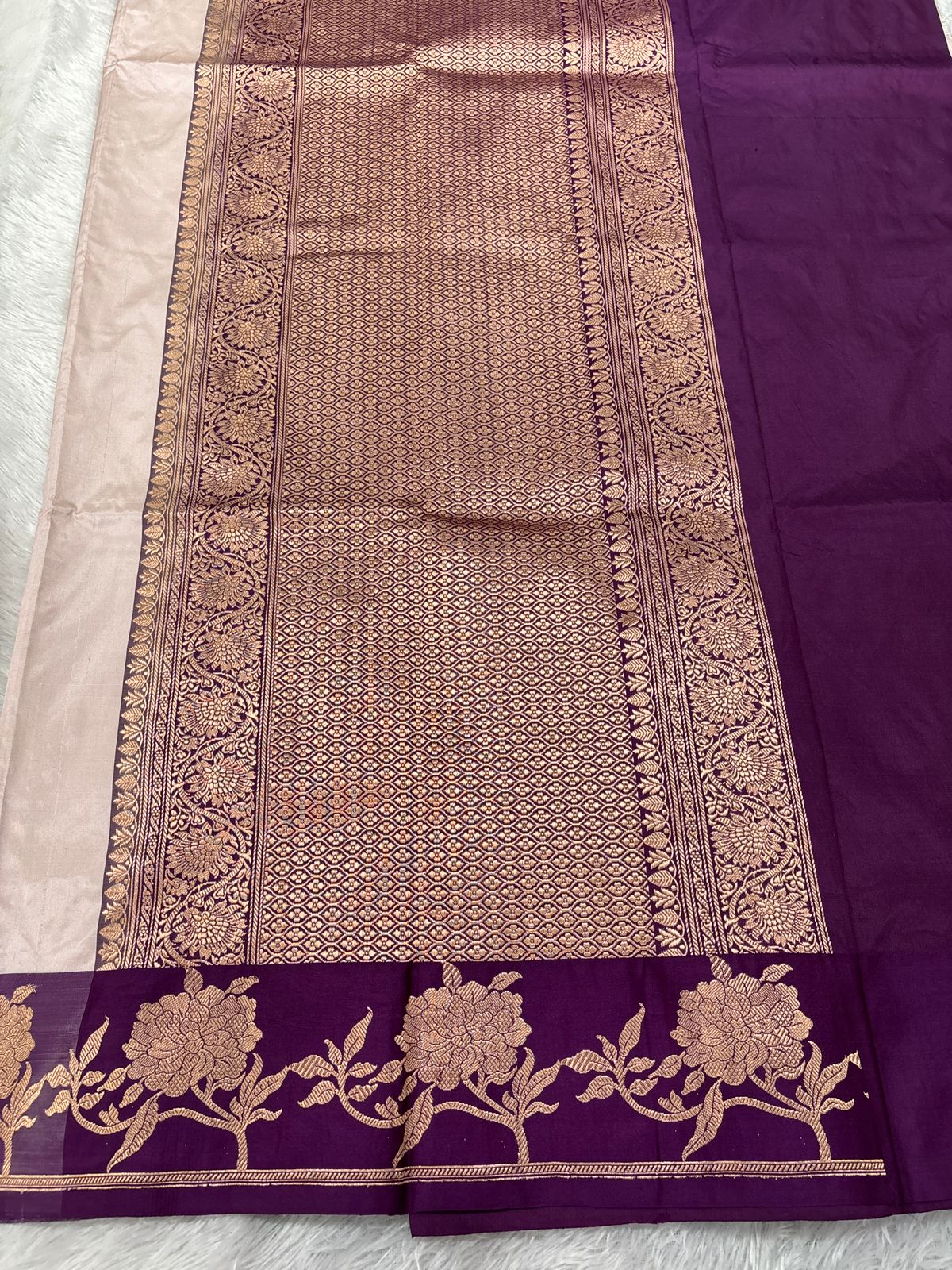 Rose Quartz Blush Pink & Royal Violet Handloom Banarasi Katan Silk Saree | Antique Rose Gold Zari Kadhua Floral Boota