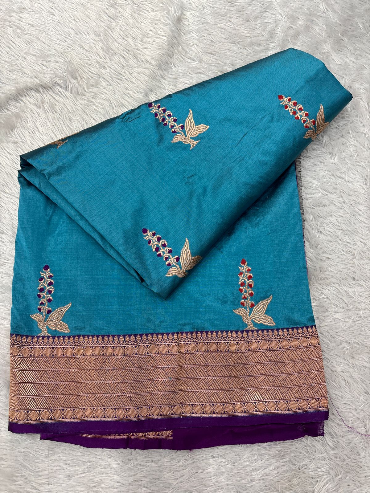 Rama Peacock Blue & Royal Deep Violet Handloom Banarasi Katan Silk Saree | Rose Gold Zari Kadhua Floral Bunch Booti