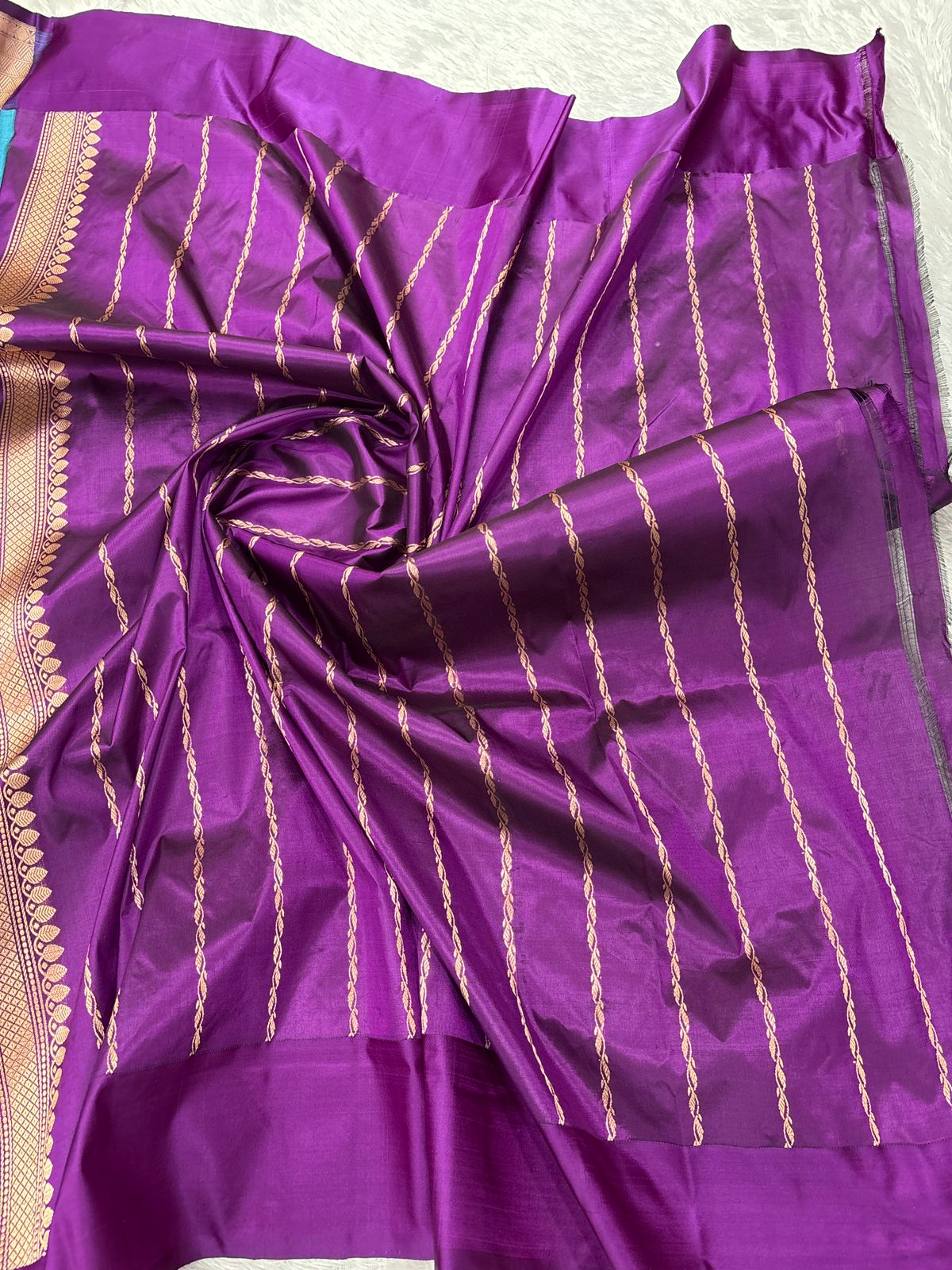 Rama Peacock Blue & Royal Deep Violet Handloom Banarasi Katan Silk Saree | Rose Gold Zari Kadhua Floral Bunch Booti