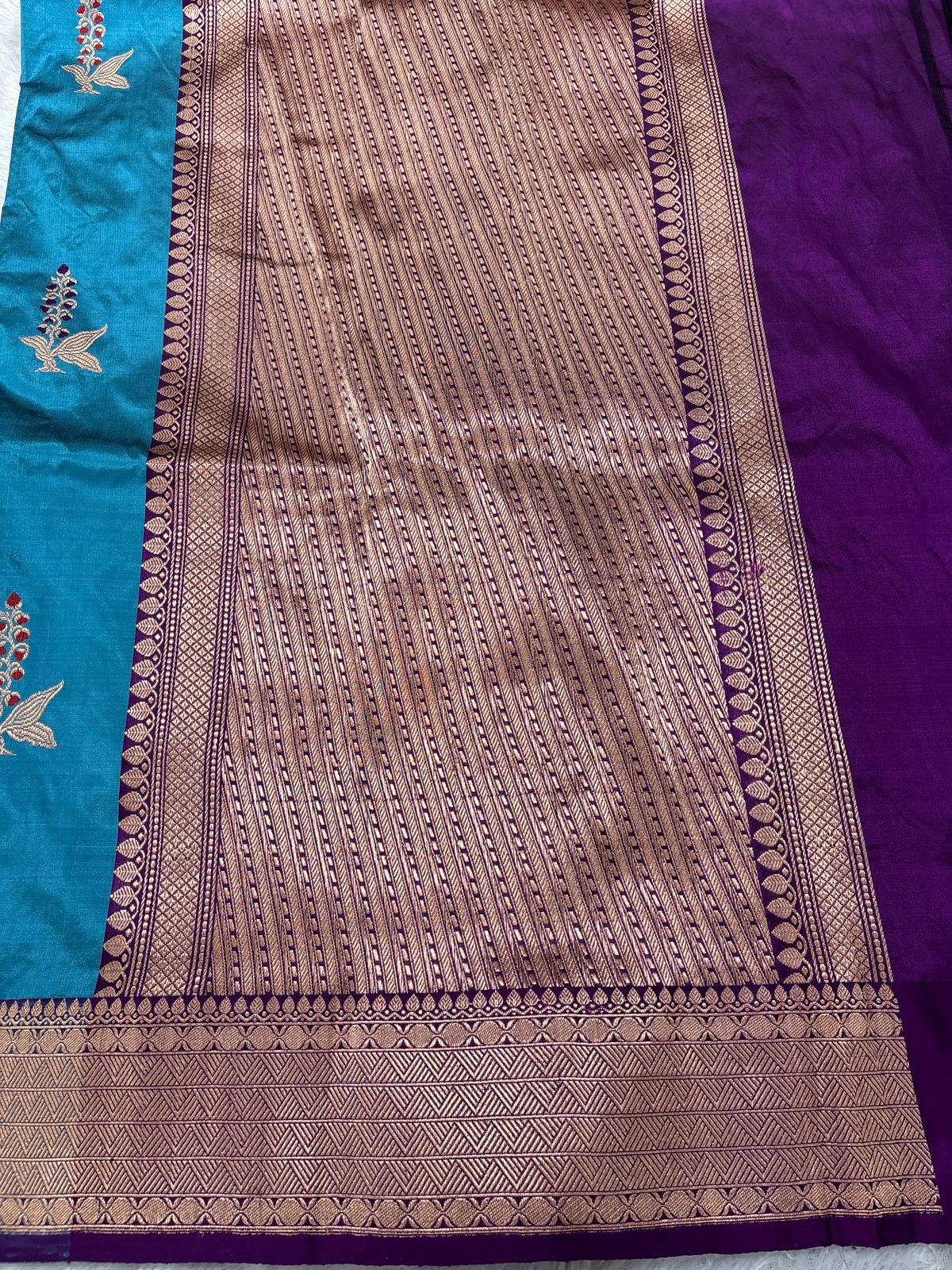 Rama Peacock Blue & Royal Deep Violet Handloom Banarasi Katan Silk Saree | Rose Gold Zari Kadhua Floral Bunch Booti