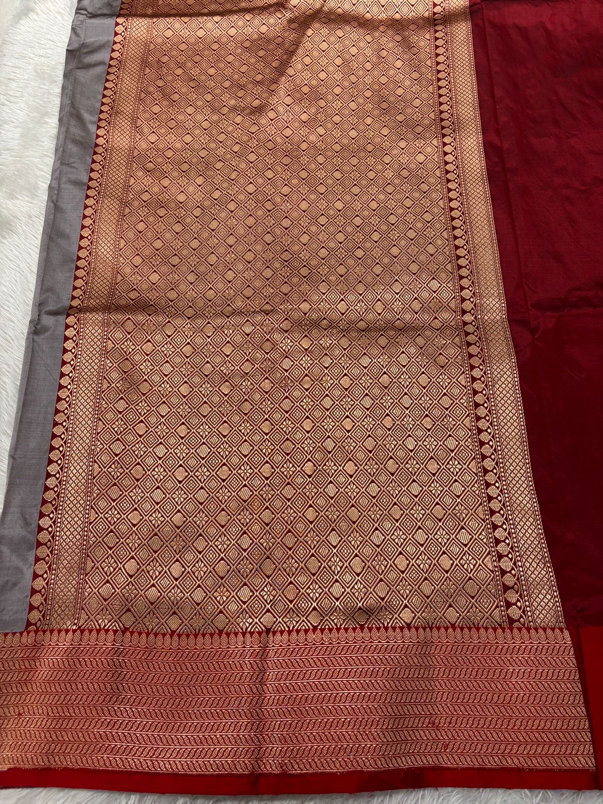 Slate Charcoal Grey & Crimson Red Handloom Banarasi Katan Silk Saree | Antique Gold Zari Kadhua Floral Bunch Booti