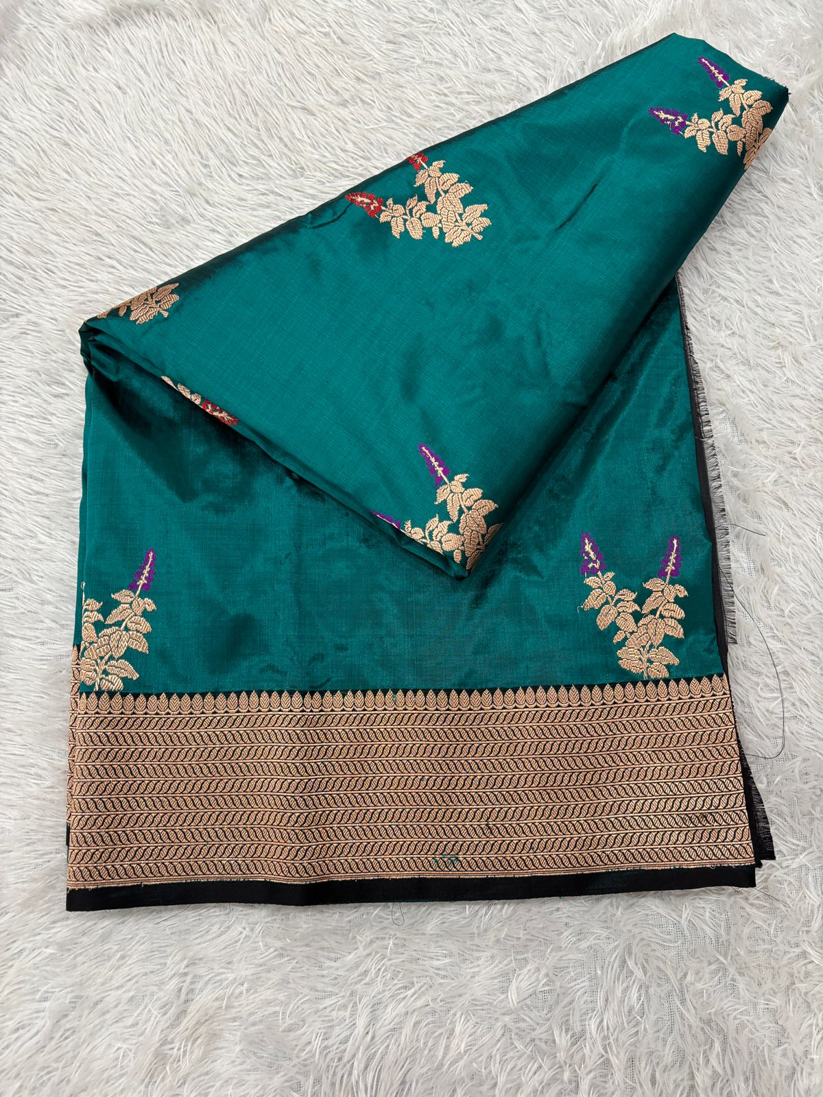 Emerald Teal Green & Midnight Black Handloom Banarasi Katan Silk Saree | Antique Gold Zari Kadhua Floral Booti