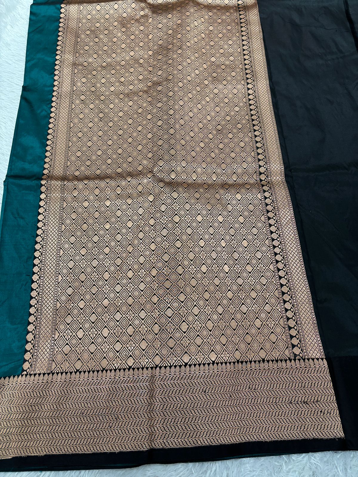 Emerald Teal Green & Midnight Black Handloom Banarasi Katan Silk Saree | Antique Gold Zari Kadhua Floral Booti