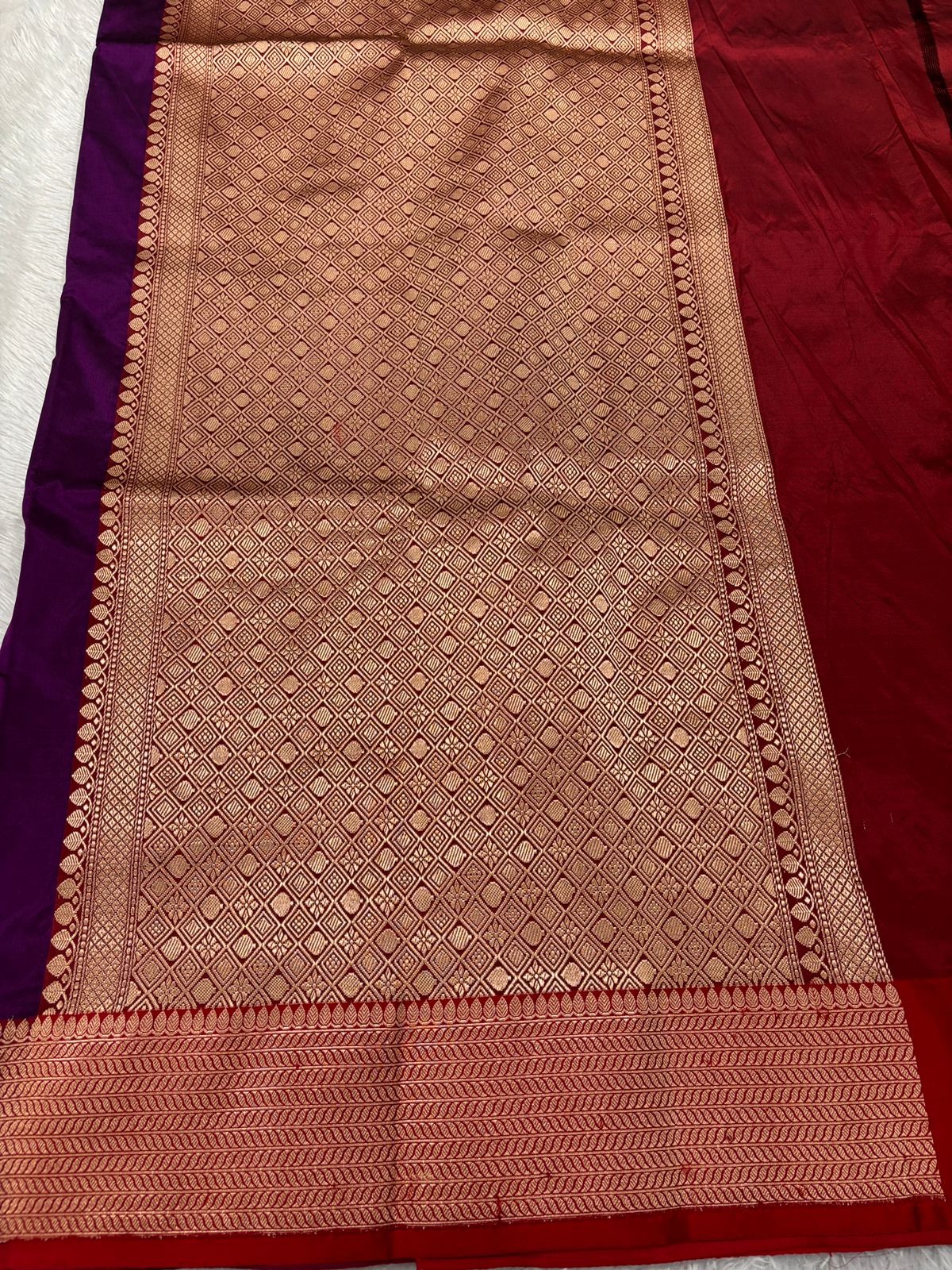 Royal Plum Purple & Crimson Red Handloom Banarasi Katan Silk Saree | Antique Gold Zari Kadhua Floral Bunch Booti