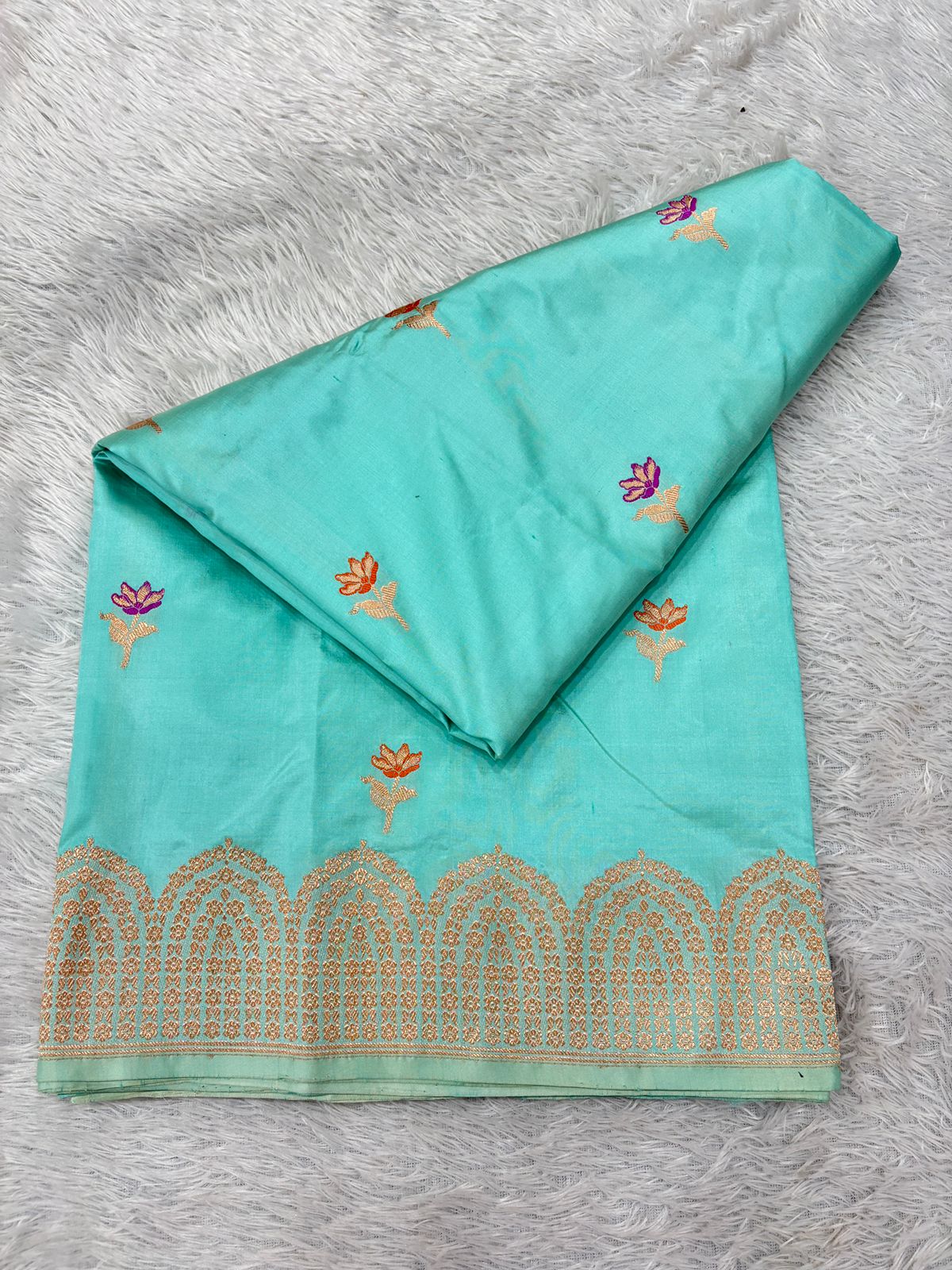 Aqua Seafoam Mint Handloom Banarasi Katan Silk Saree | Rose Gold Zari Kadhua Floral Booti & Scalloped Arch Pallu