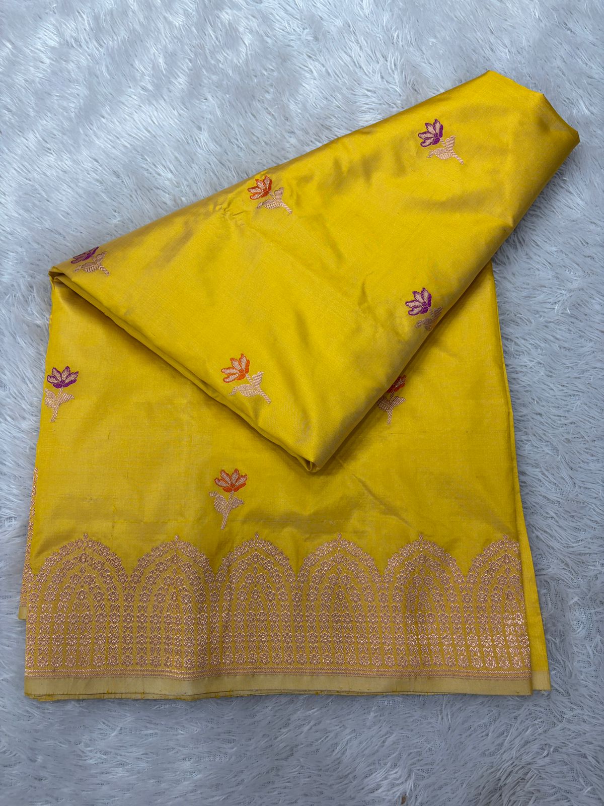 Haldi Yellow Handloom Banarasi Katan Silk Saree | Rose Gold Zari Kadhua Floral Booti & Scalloped Arch Pallu