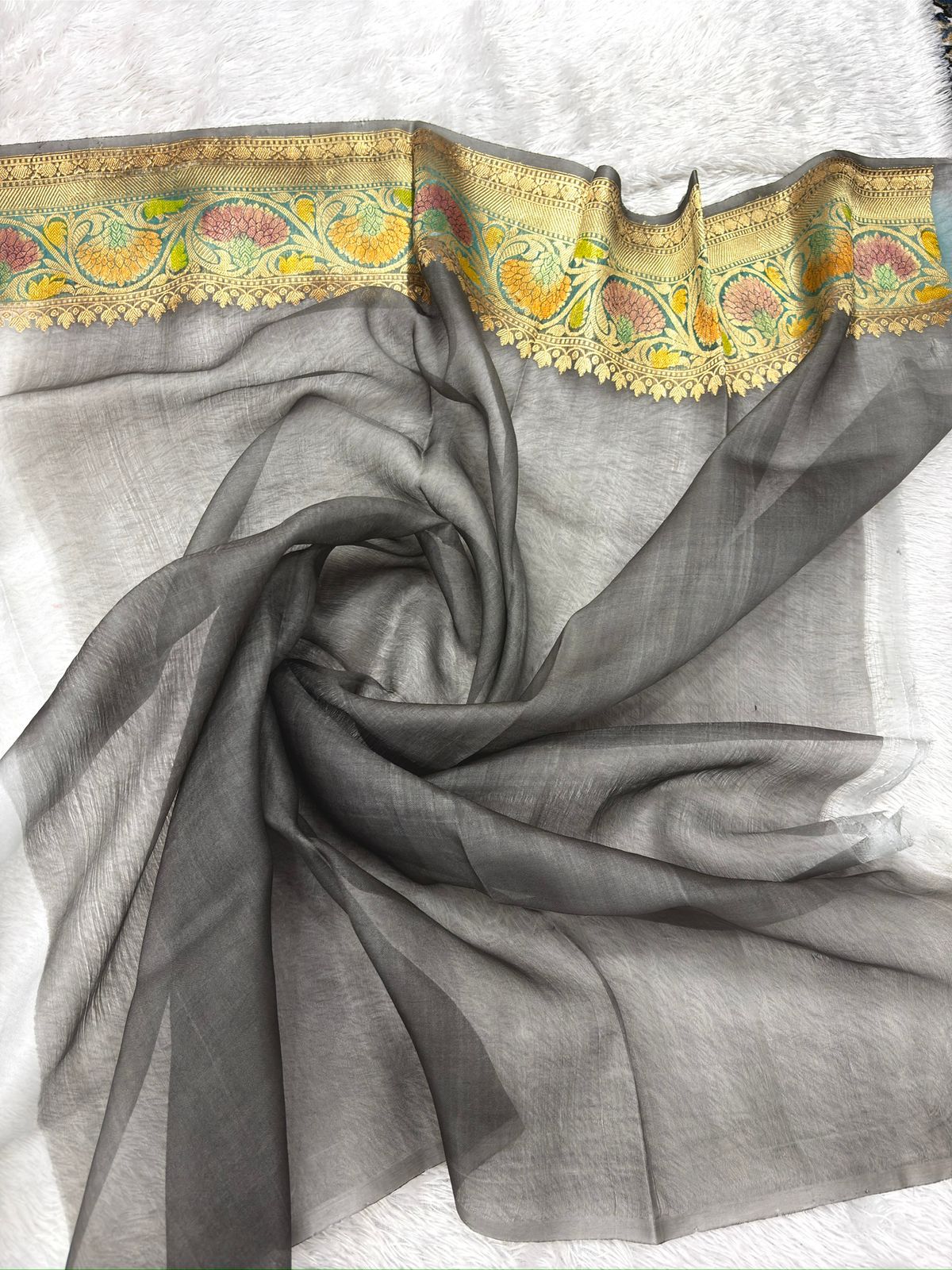 Smoky Grey Kora Designer Kadhua Handloom Banarasi Saree