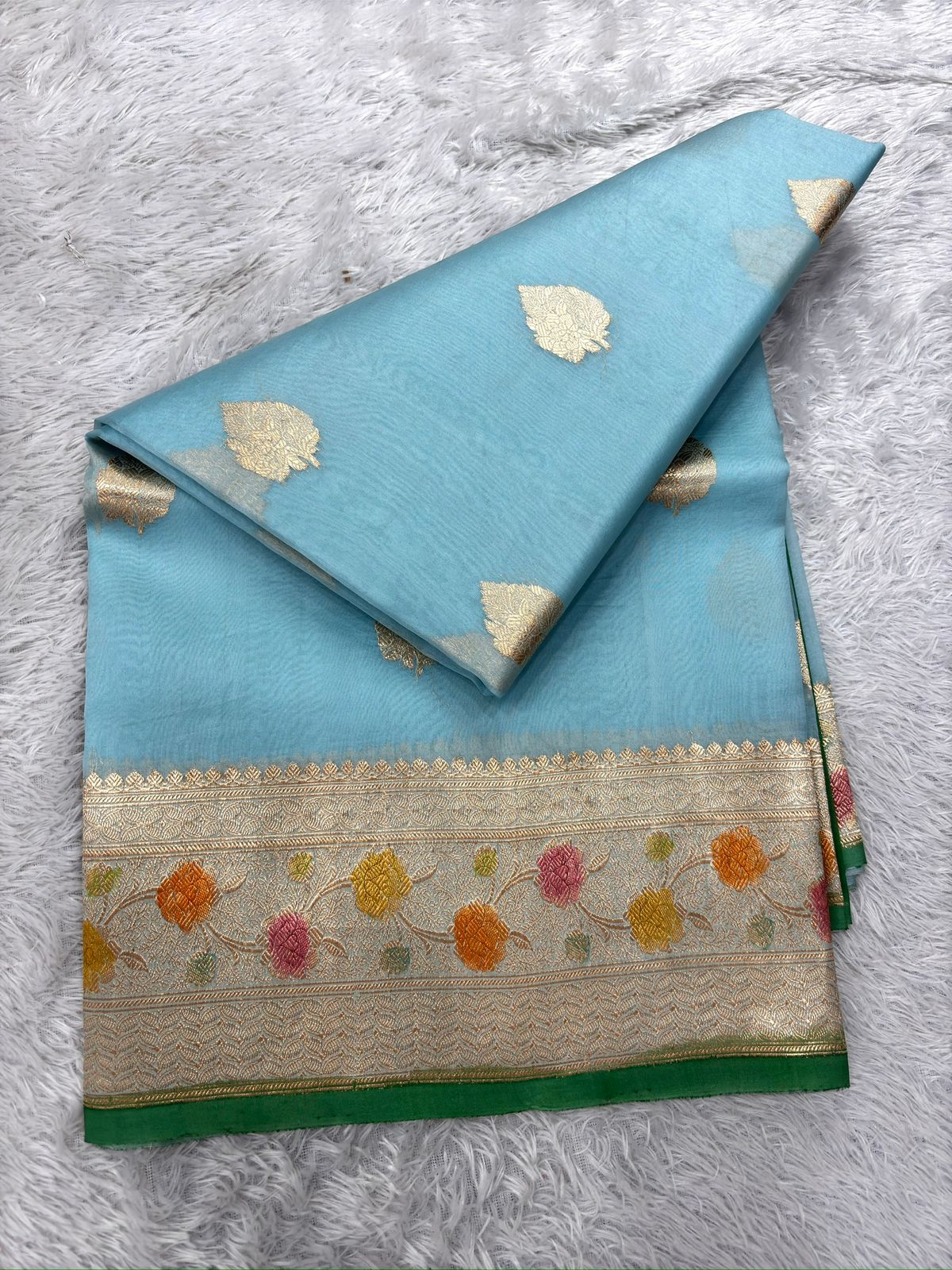 Sky Blue Kora Designer Kadhua Handloom Banarasi Saree