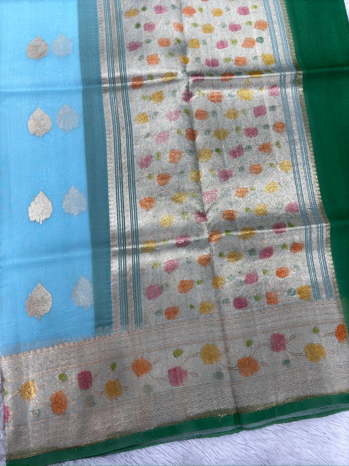 Sky Blue Kora Designer Kadhua Handloom Banarasi Saree