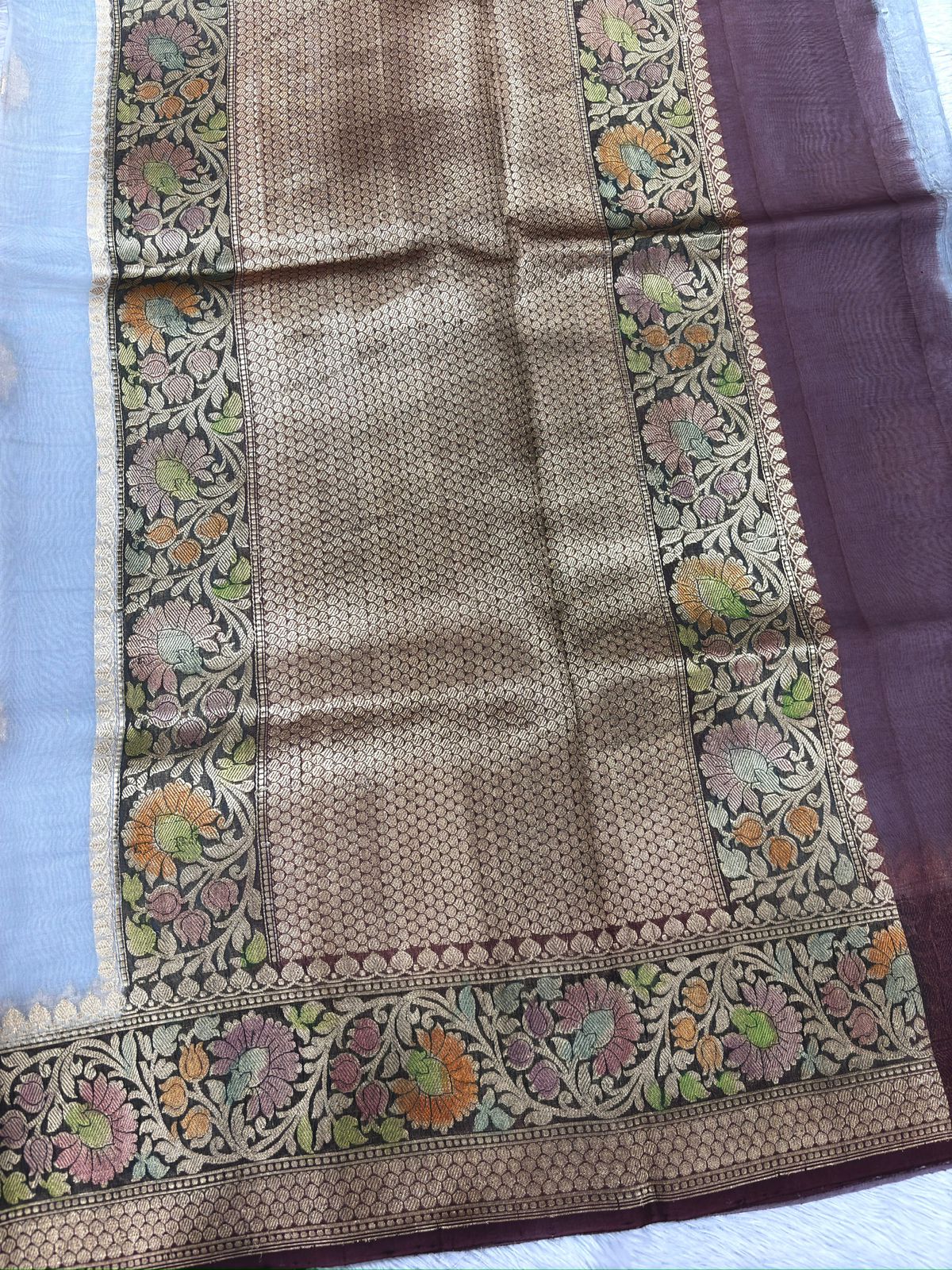 Silver Grey Kora Designer Kadhua Handloom Banarasi Saree