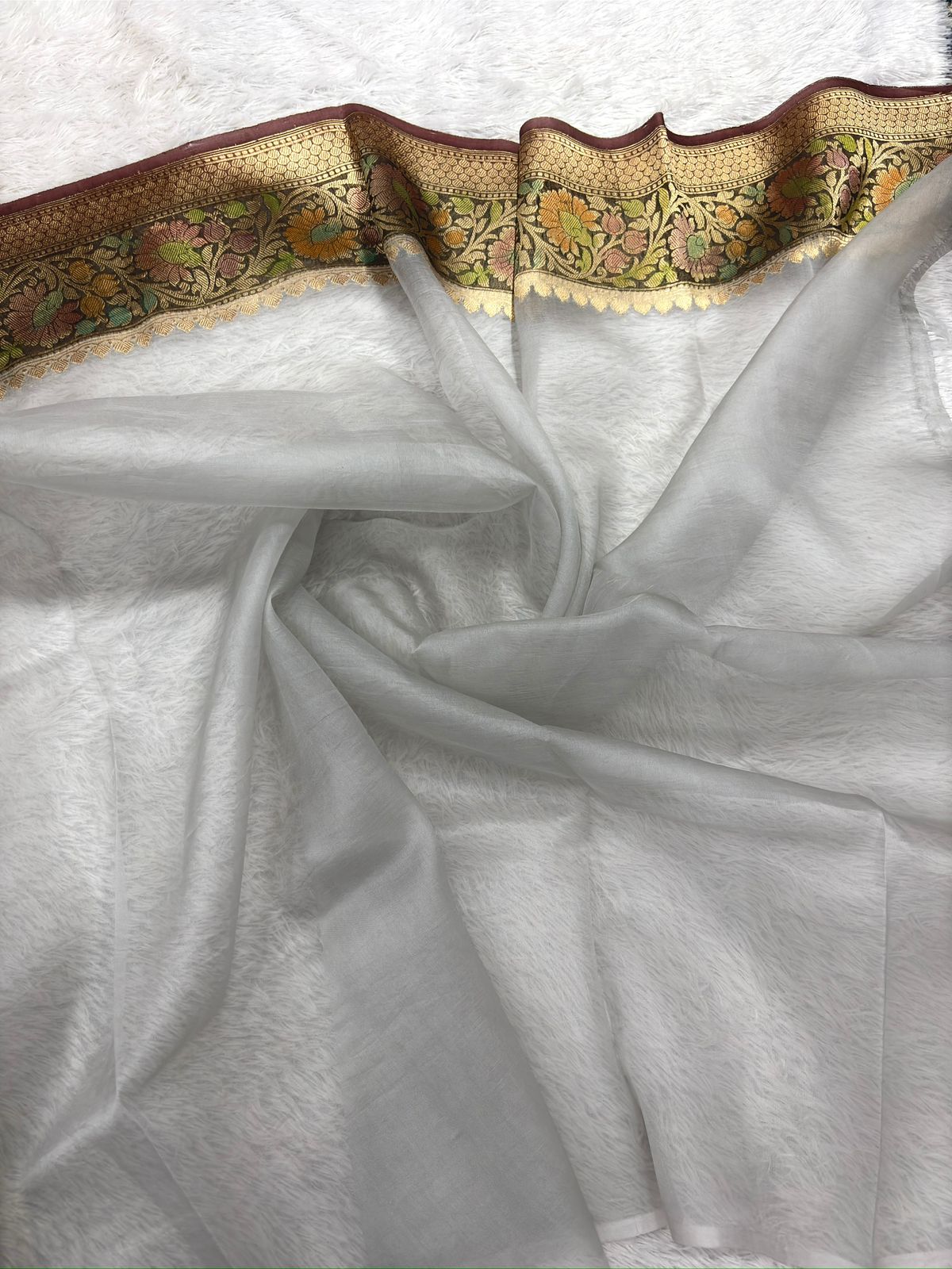 Silver Grey Kora Designer Kadhua Handloom Banarasi Saree