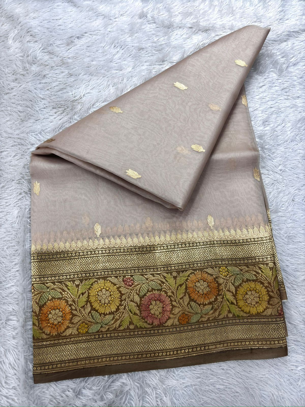 Dust Beige Kora Meenakari Handloom Banarasi Saree