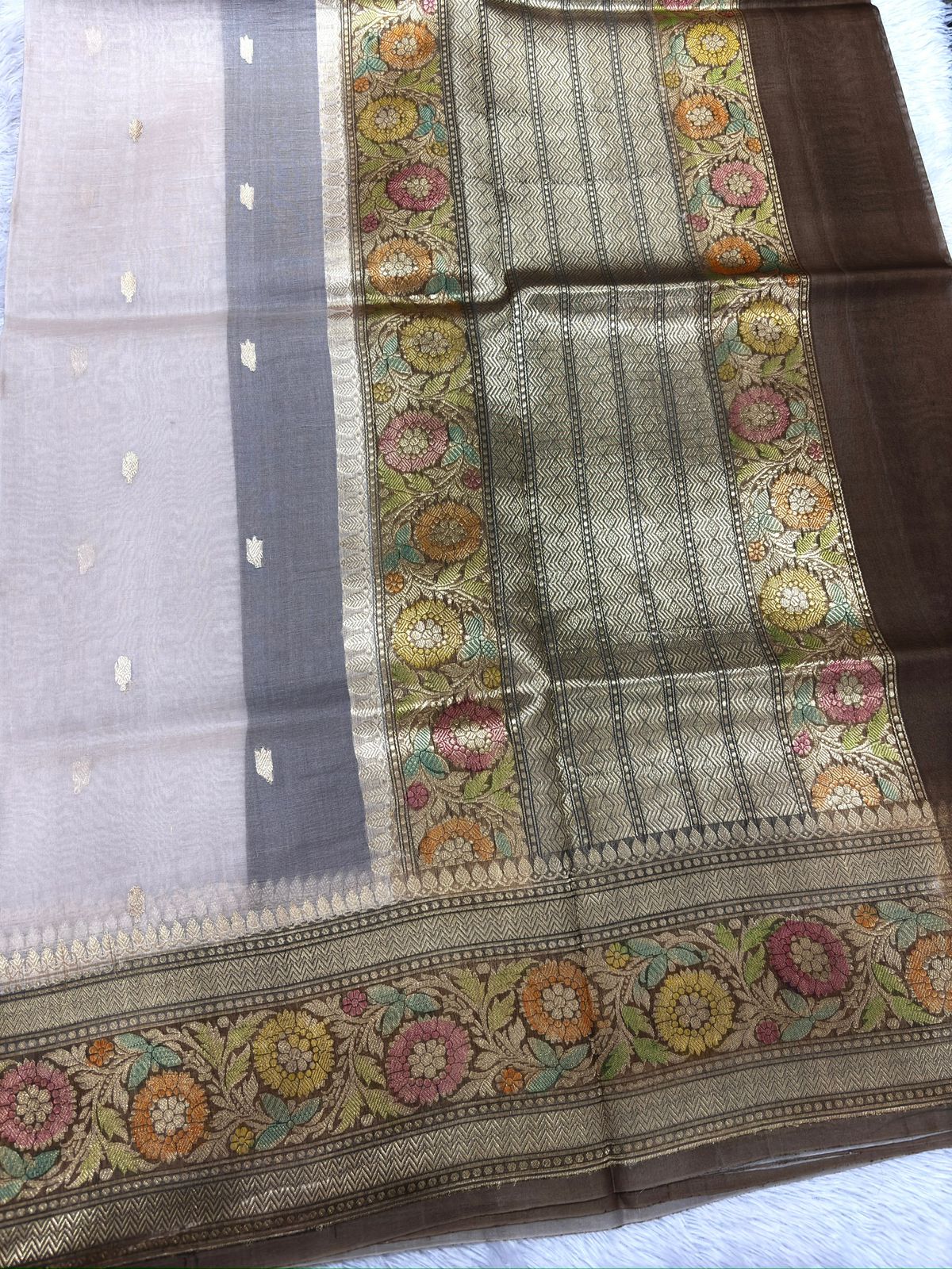 Dust Beige Kora Meenakari Handloom Banarasi Saree