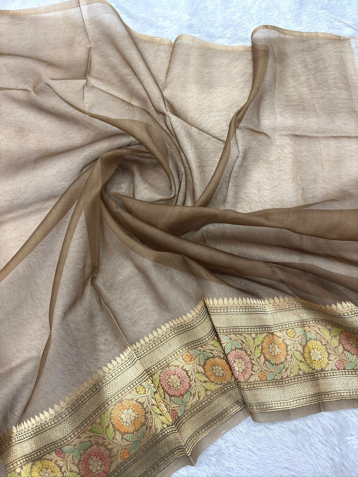 Dust Beige Kora Meenakari Handloom Banarasi Saree