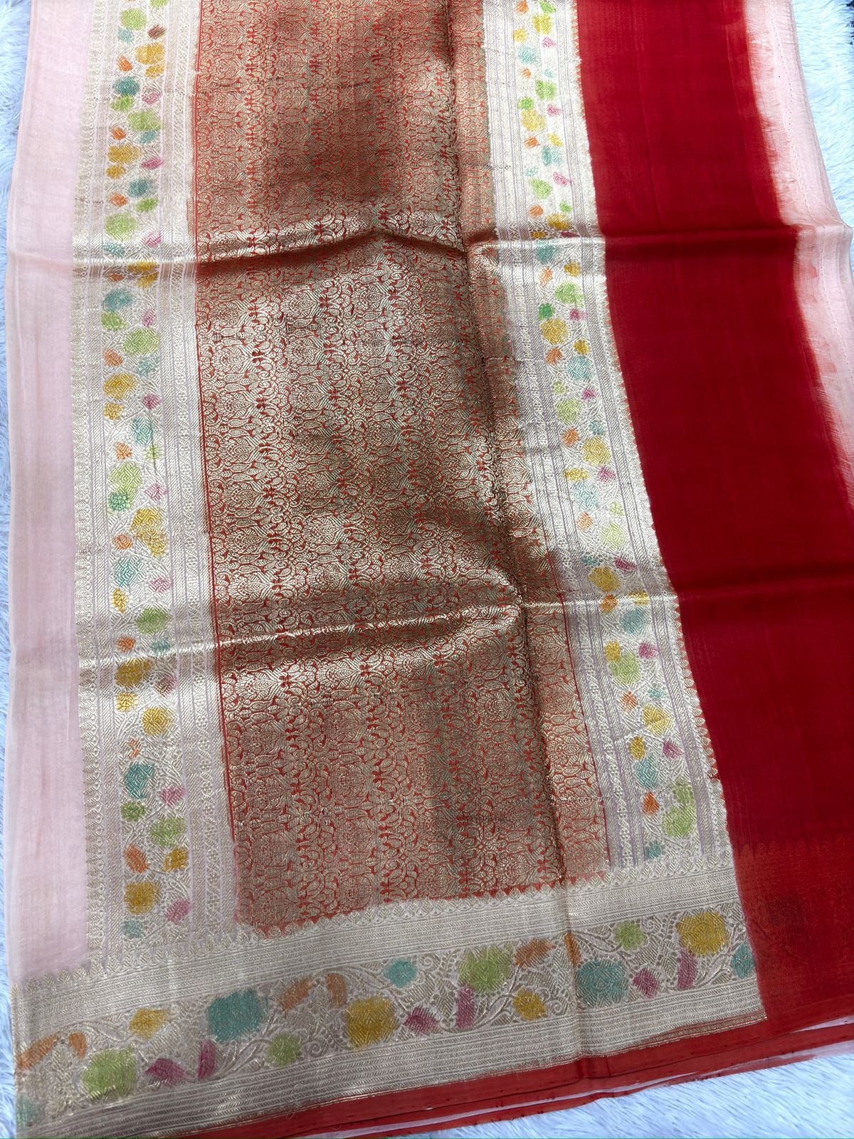 Blush Peach Meenakari Kora Banarasi Saree