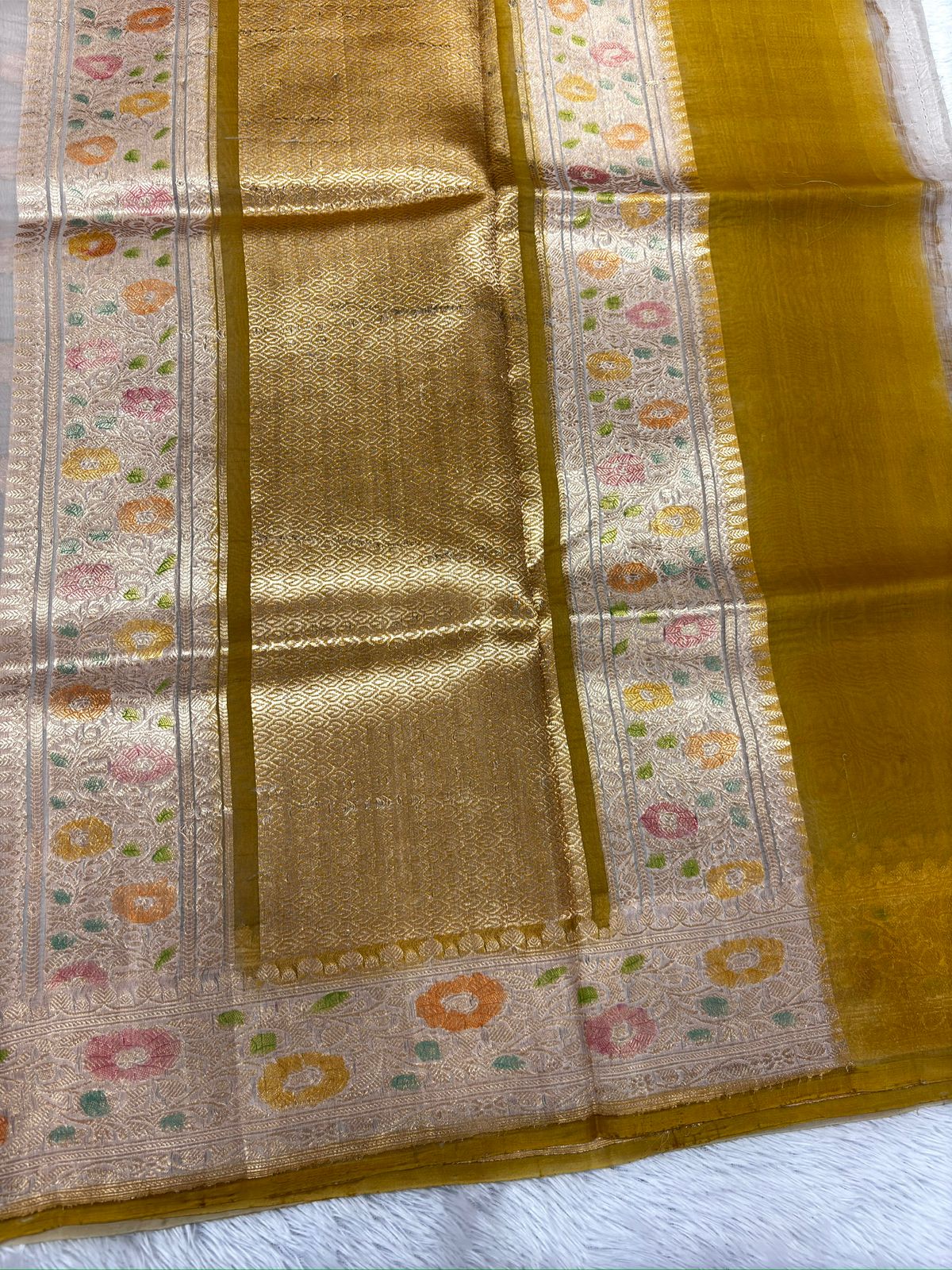 Mustard Gold Meenakari Kora Banarasi Saree