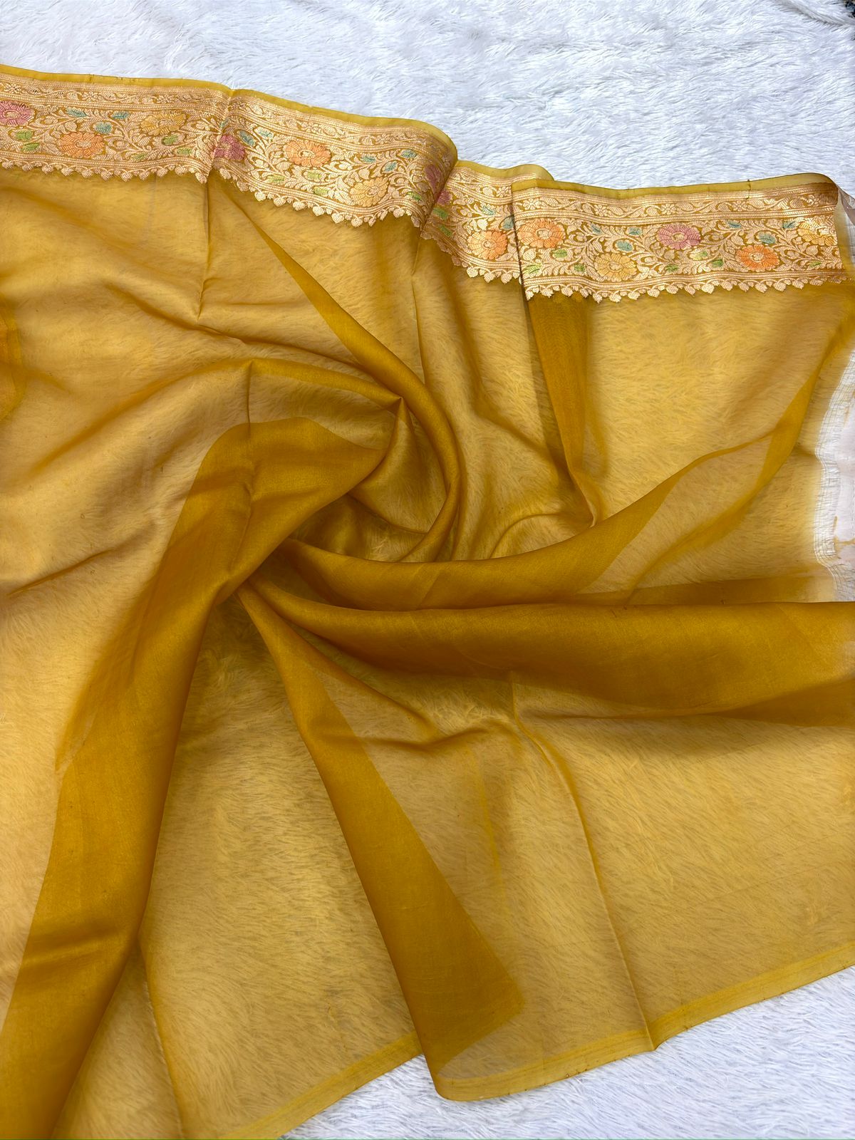 Mustard Gold Meenakari Kora Banarasi Saree